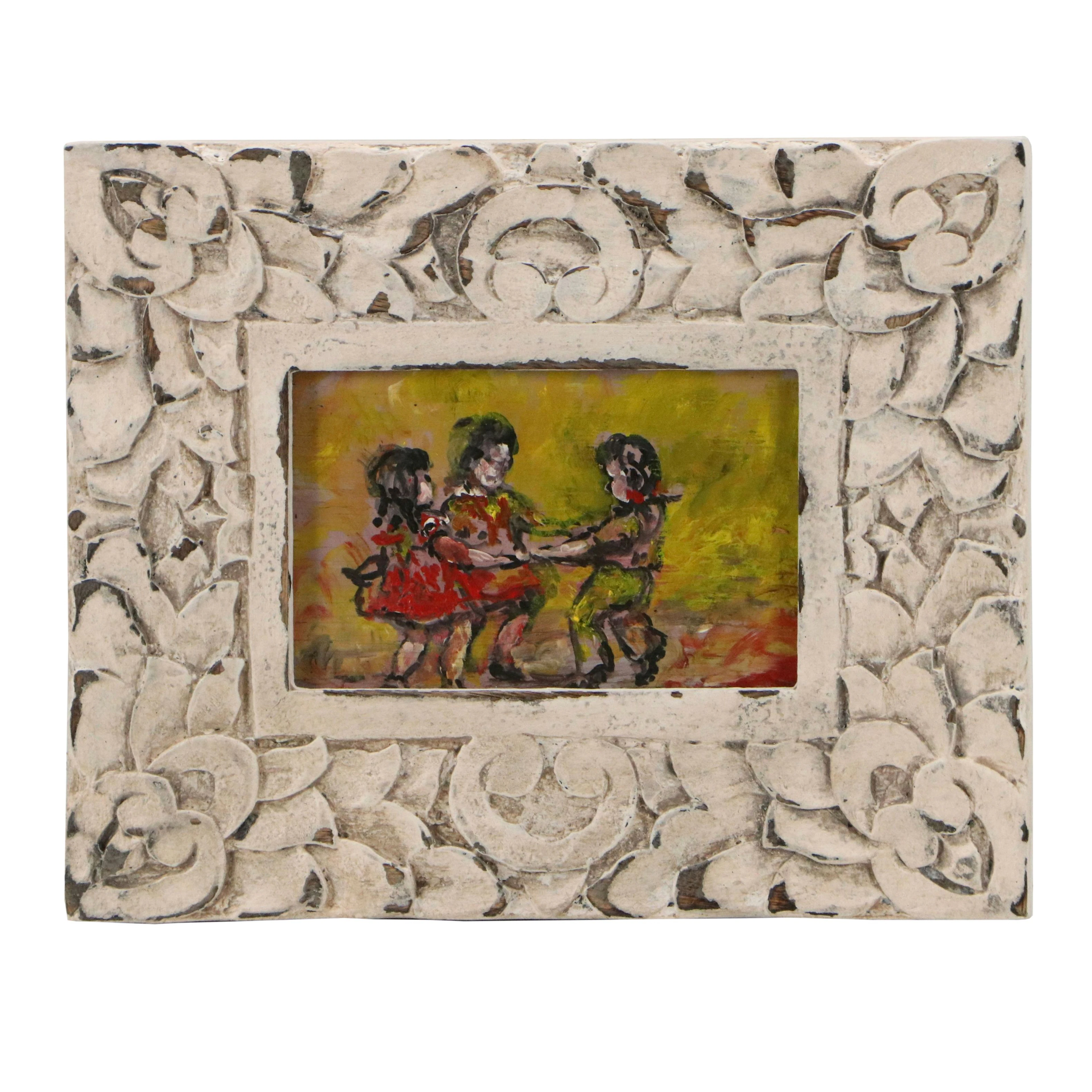 Miniature Stylized Oil Painting of Young Girls Playing, 20th Century