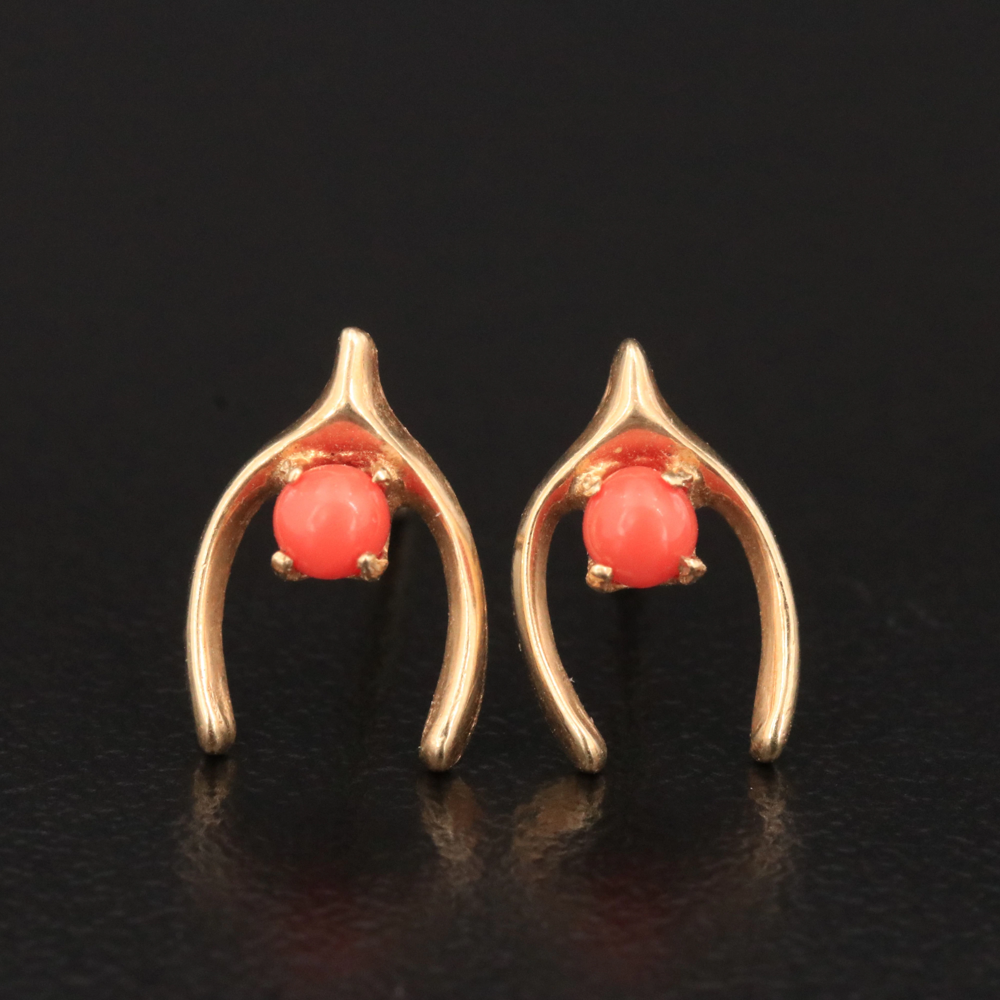 14K Imitation Coral Wishbone Earrings