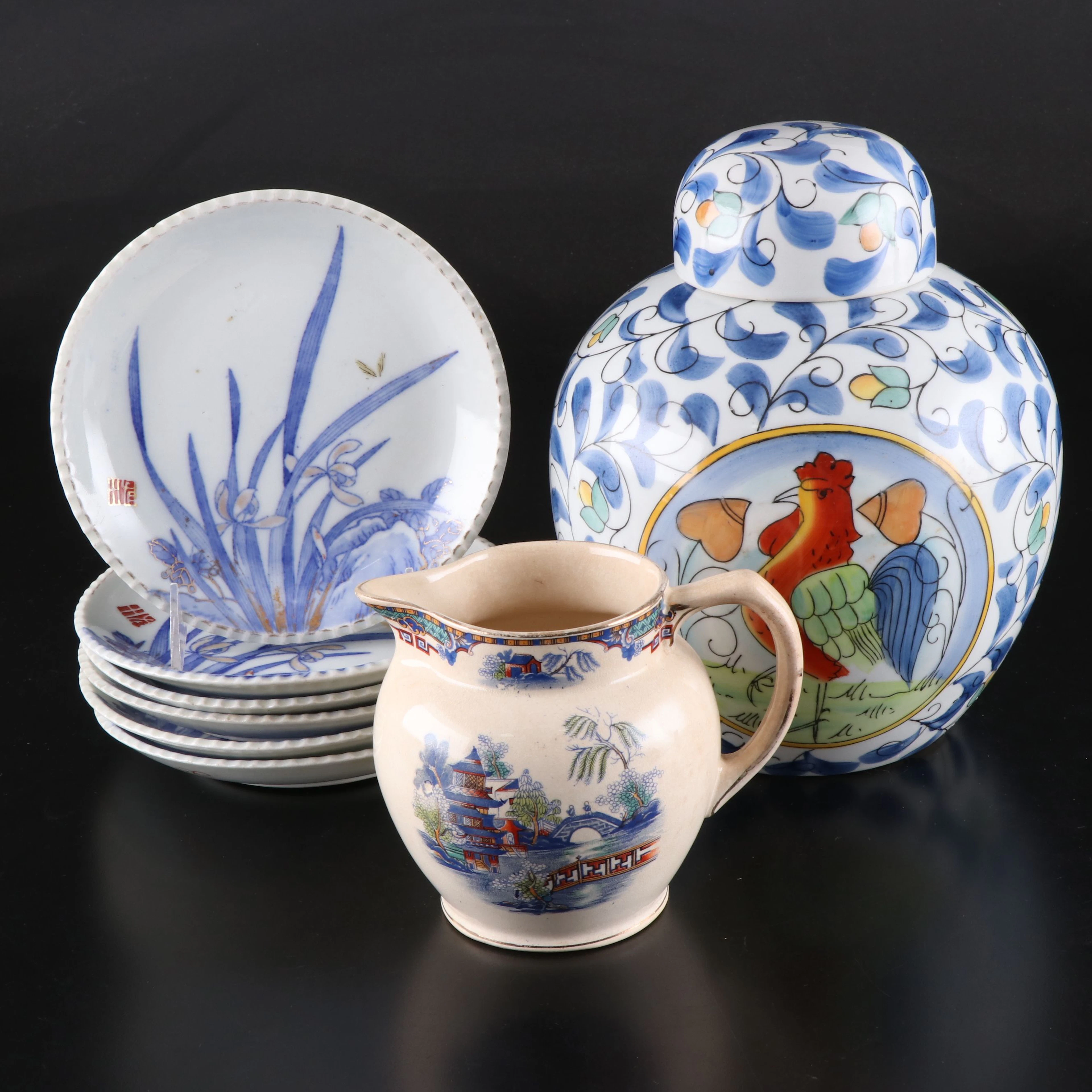 Chinese Blue and White Iris Porcelain Plates with Pitcher and Ginger Jar