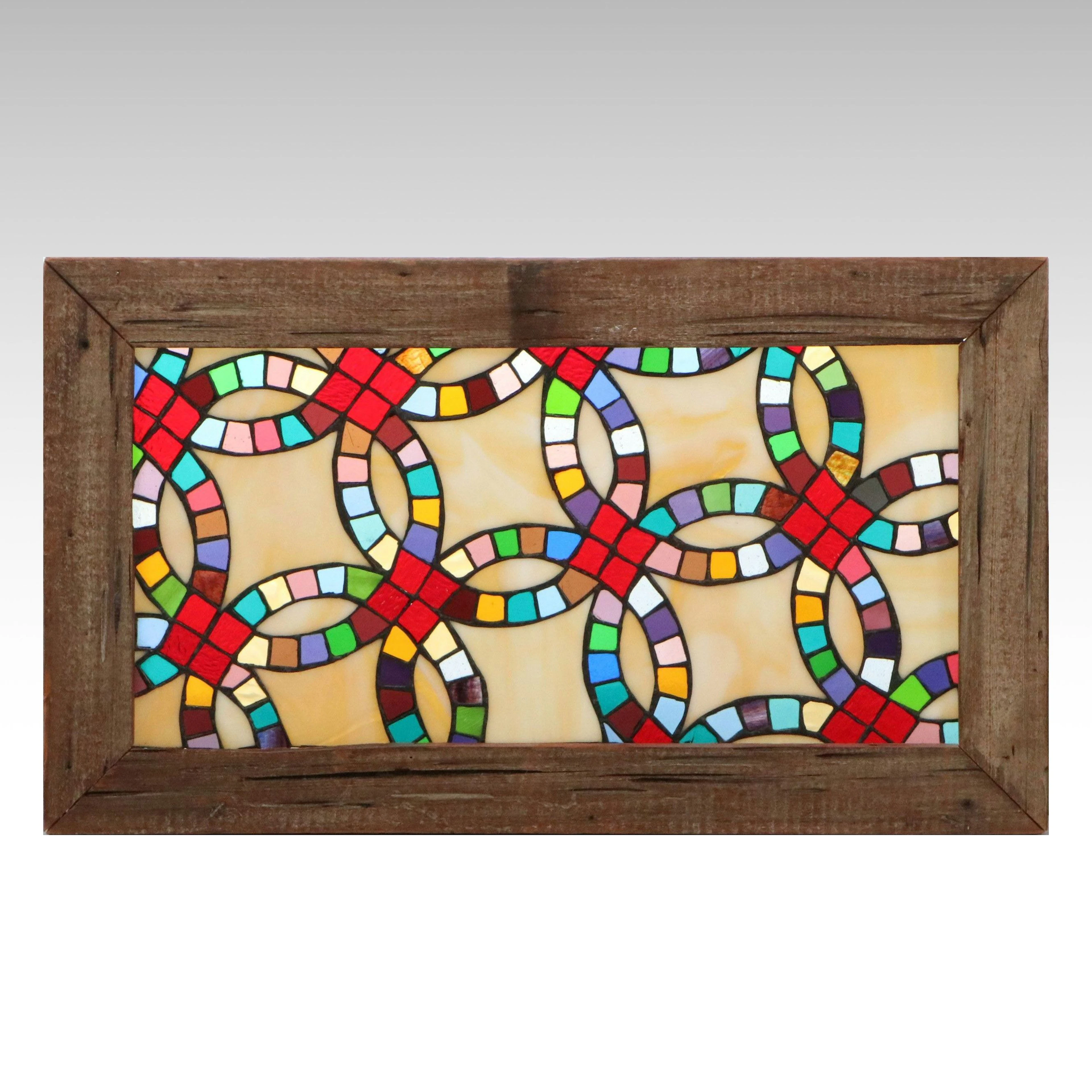 Framed Stained Glass Panel Featuring "Double Wedding Ring" Quilt Pattern