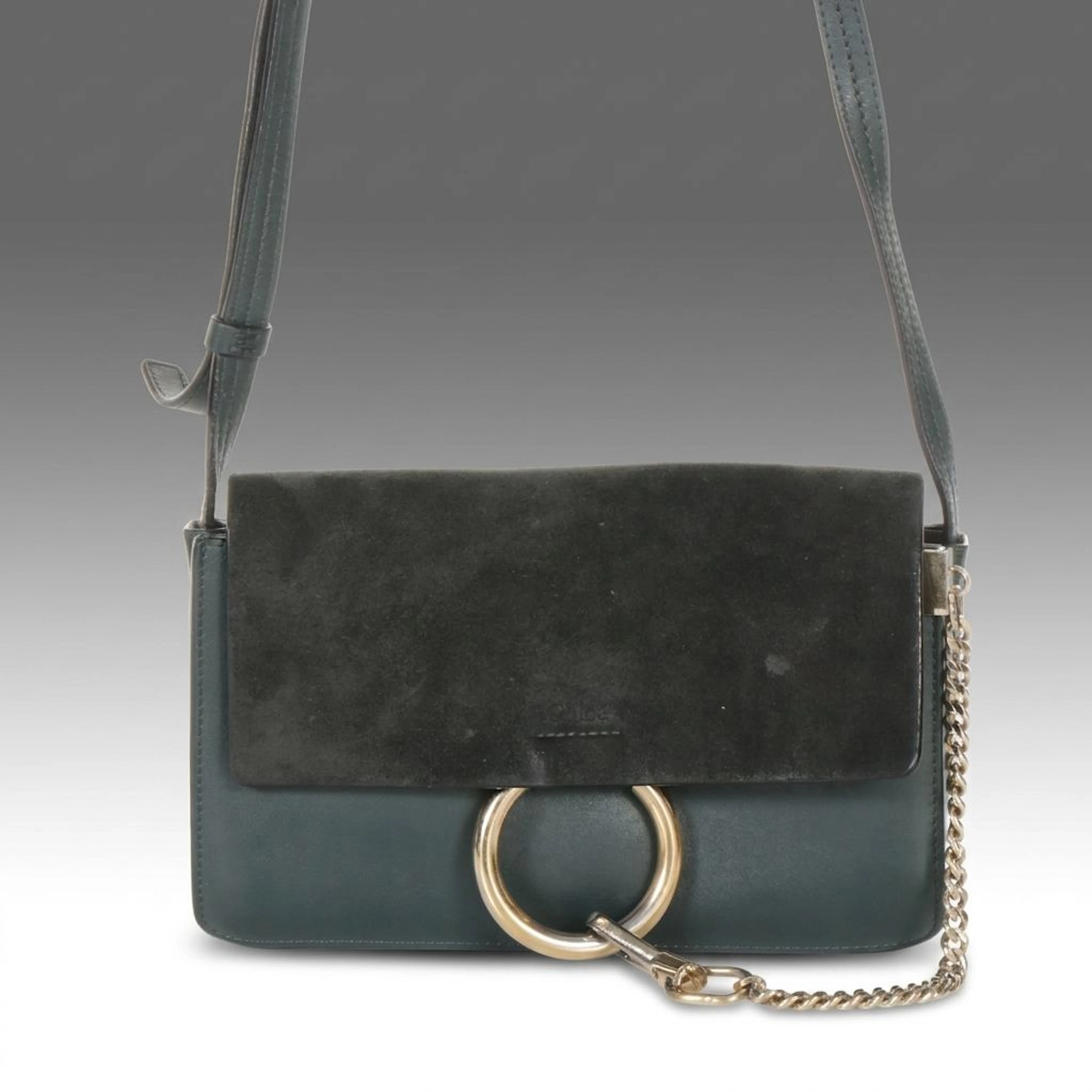 Chloé Small Faye Crossbody Bag in Teal Bue Calfskin Leather and Black Suede