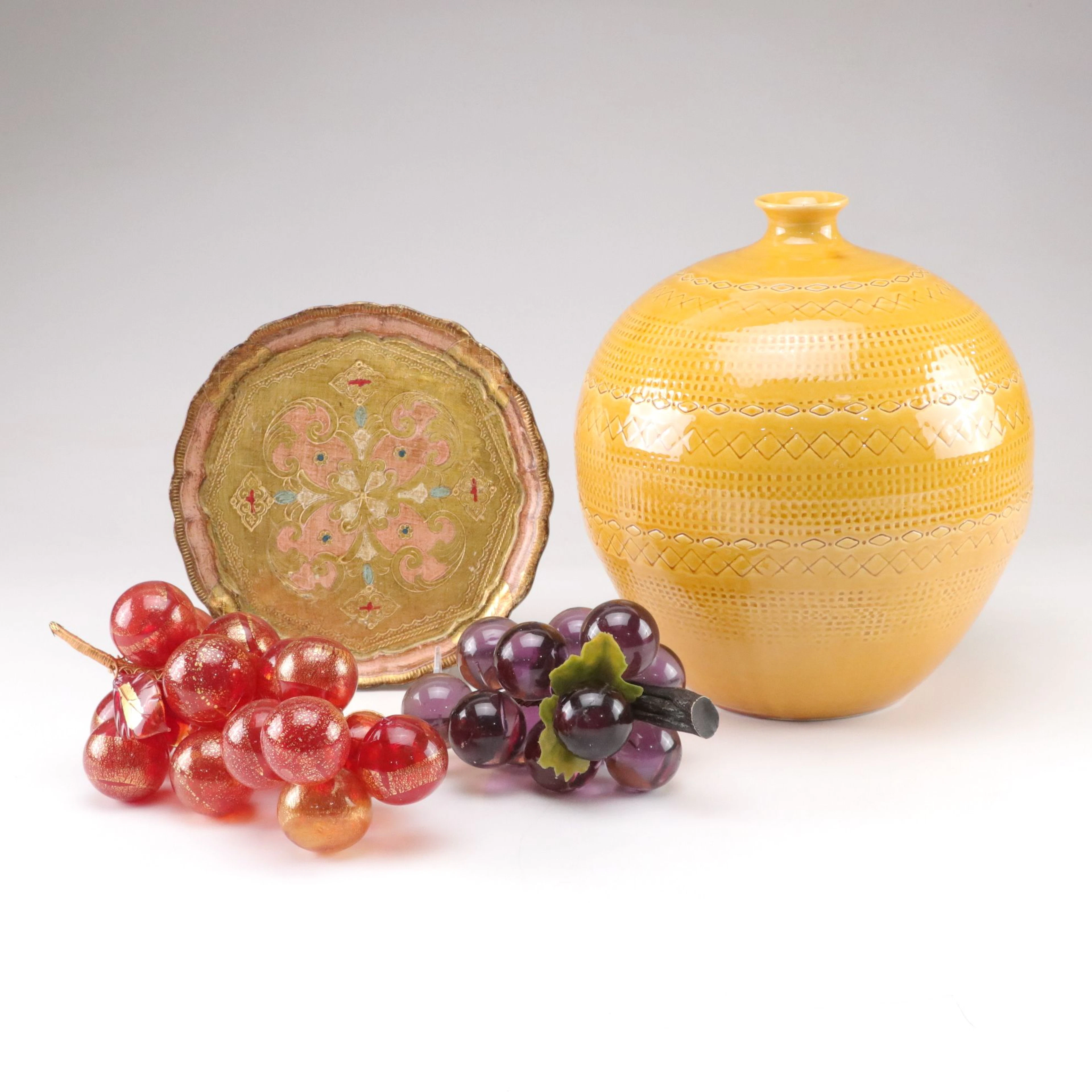 Italian Ceramiche Tadinate Vase, Florentine Wood Tray and Murano Blown Glass