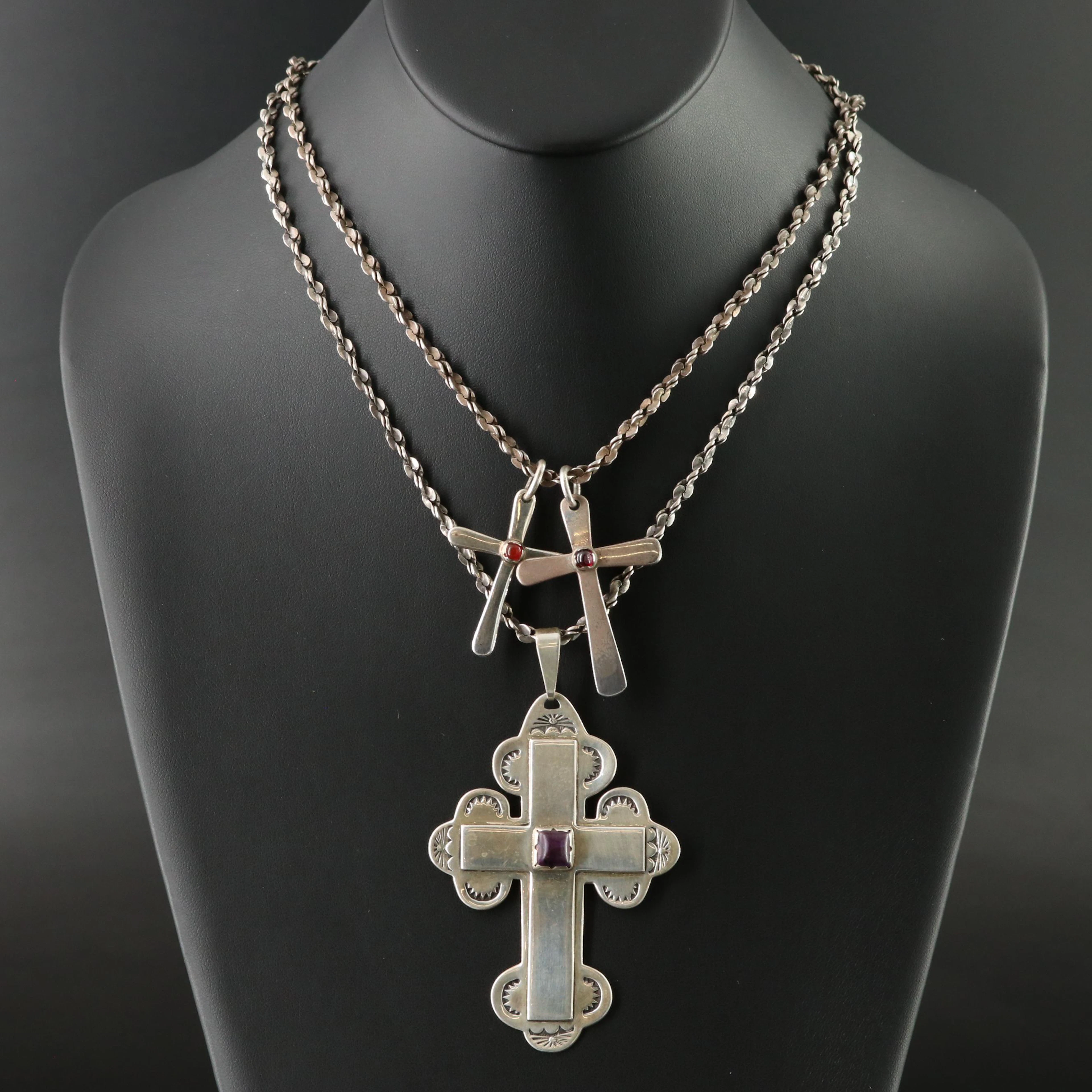 Sterling Cross Pendant Necklaces with Carnelian, Sugilite and Garnet
