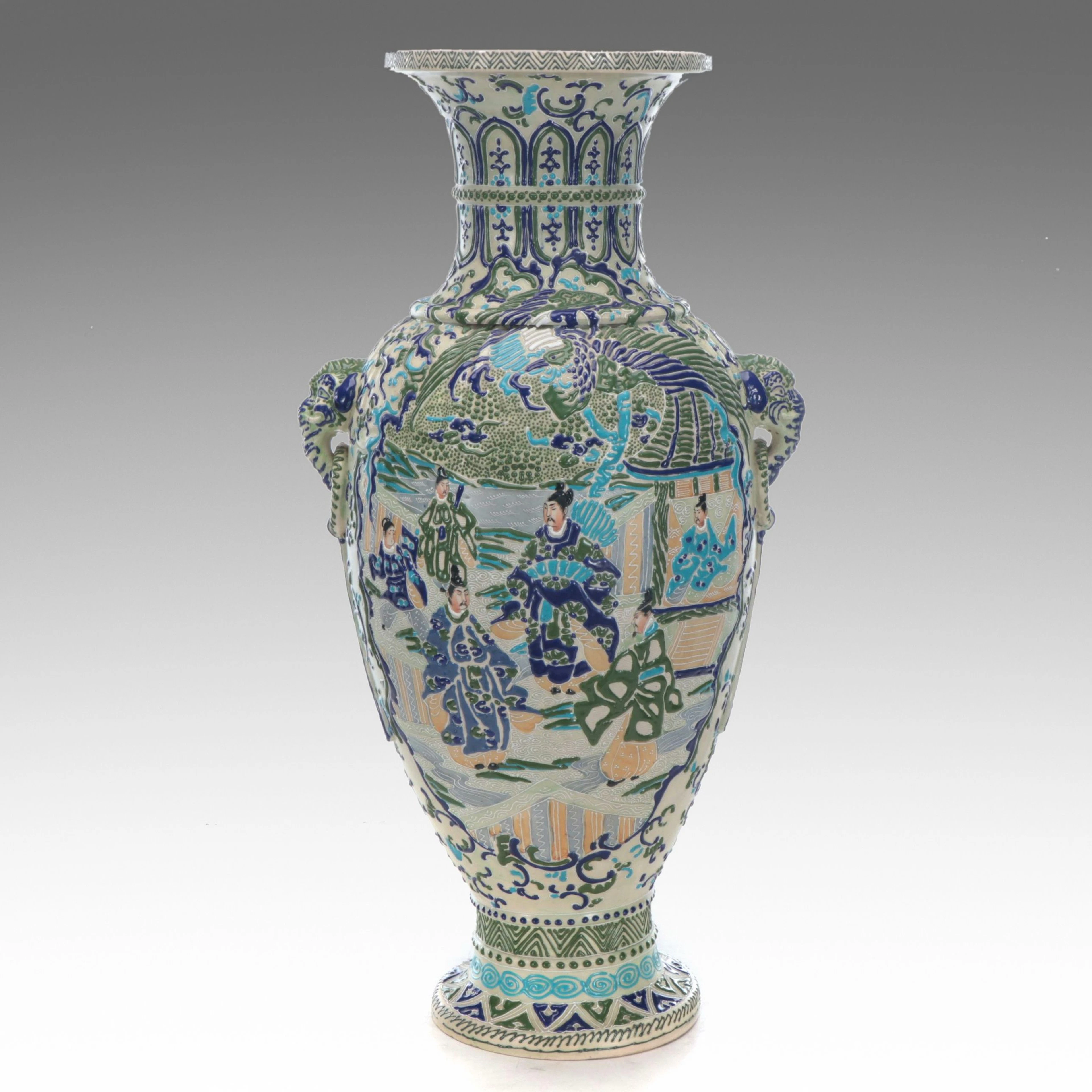 Japanese Satsuma Enameled Porcelain Moriage Floor Vase