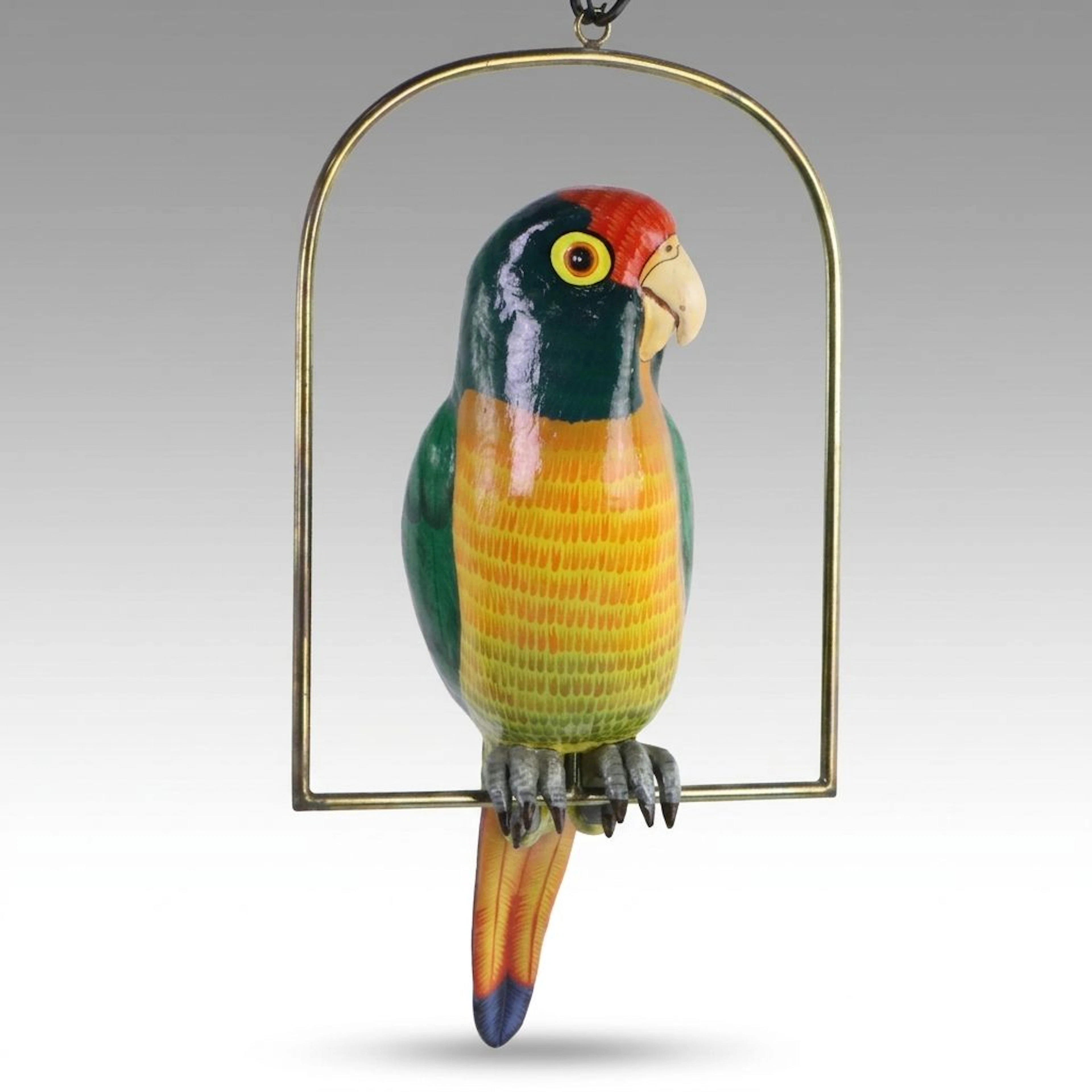 Sergio Bustamante Hand-Painted Papier-Mâché Parrot on Brass Swing