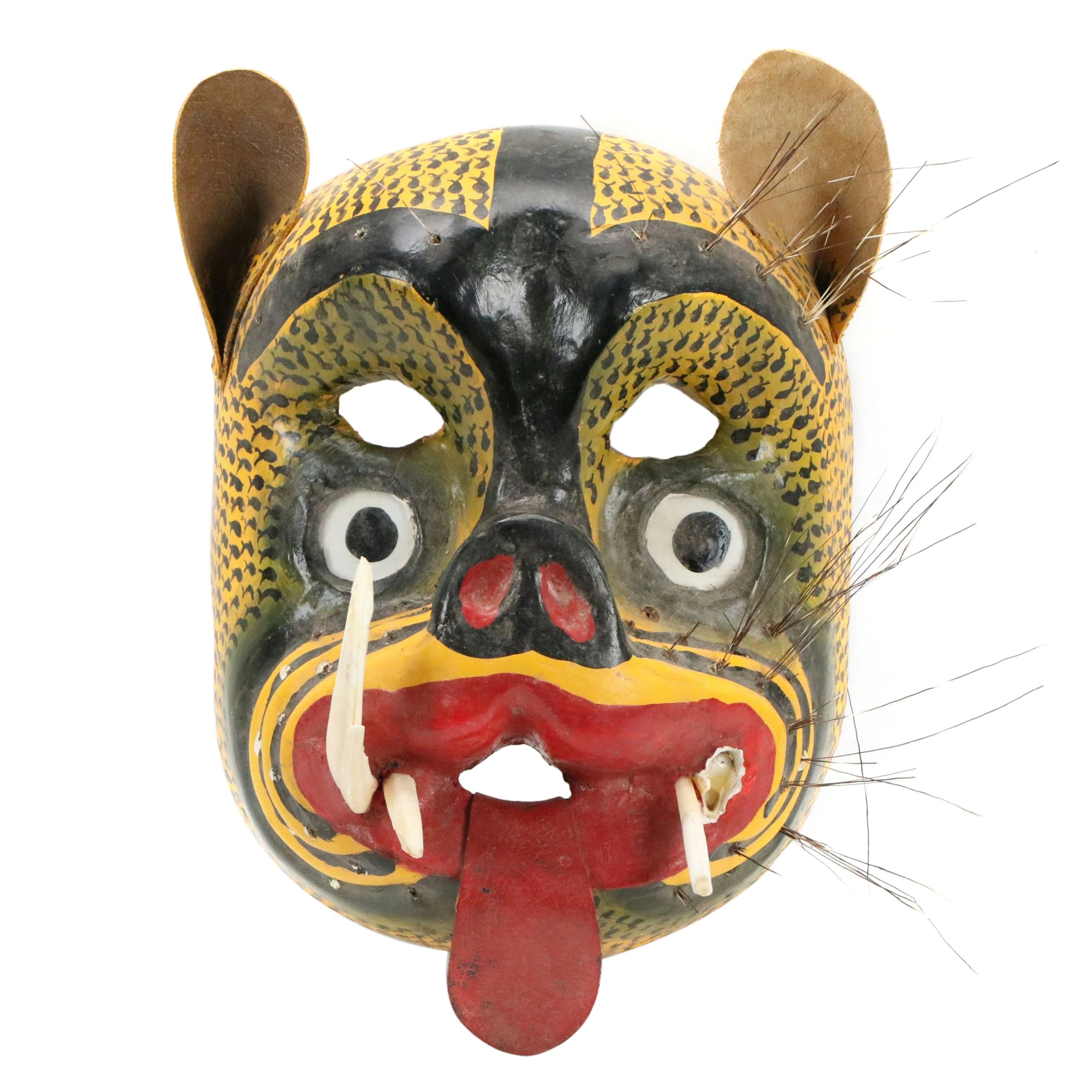 Mexican Folk Art Hand-Carved Wooden Jaguar Mask with Boar Bristles and Tusks