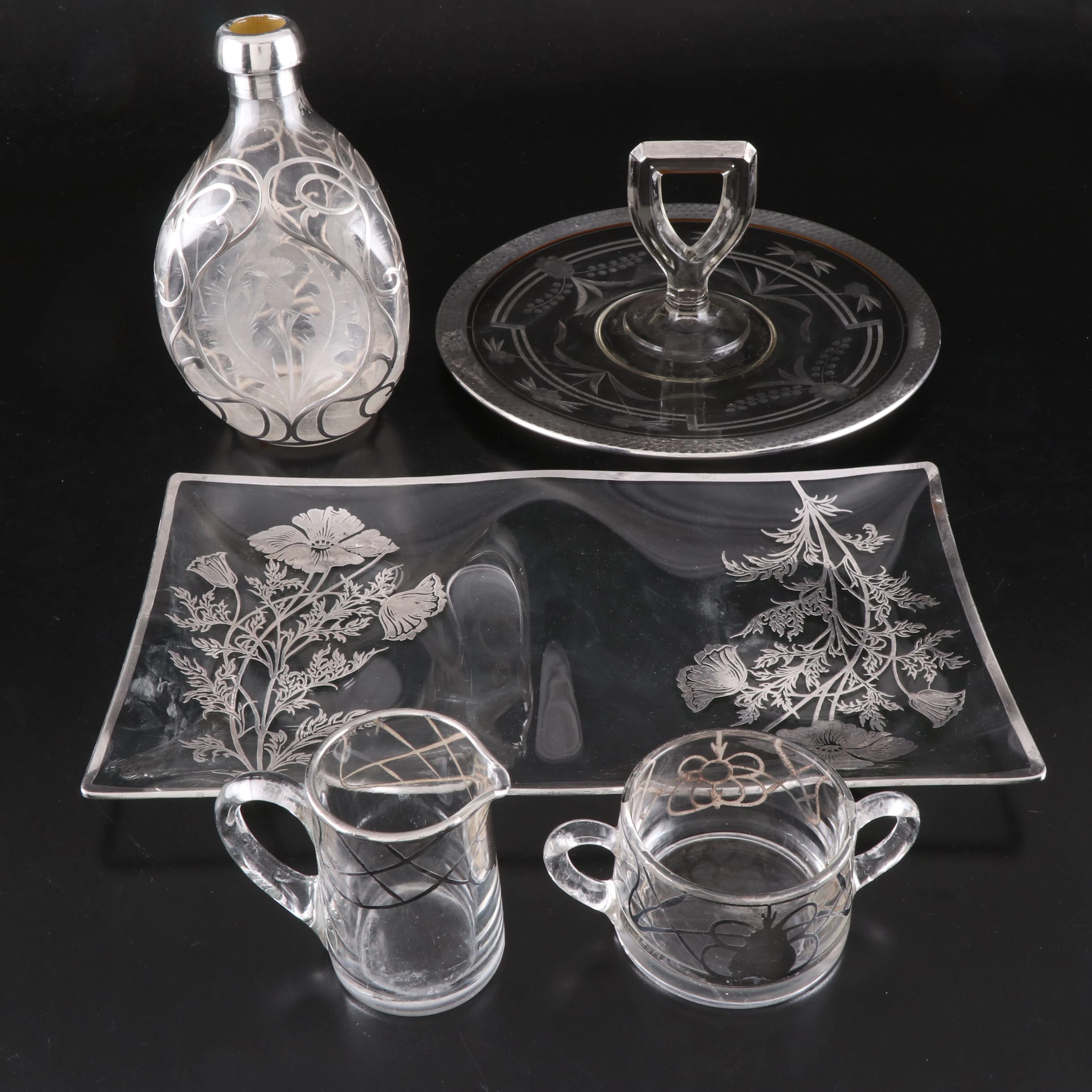 Antique "RSC." Scotch Thistle Glass Decanter with Sterling Overlay & More