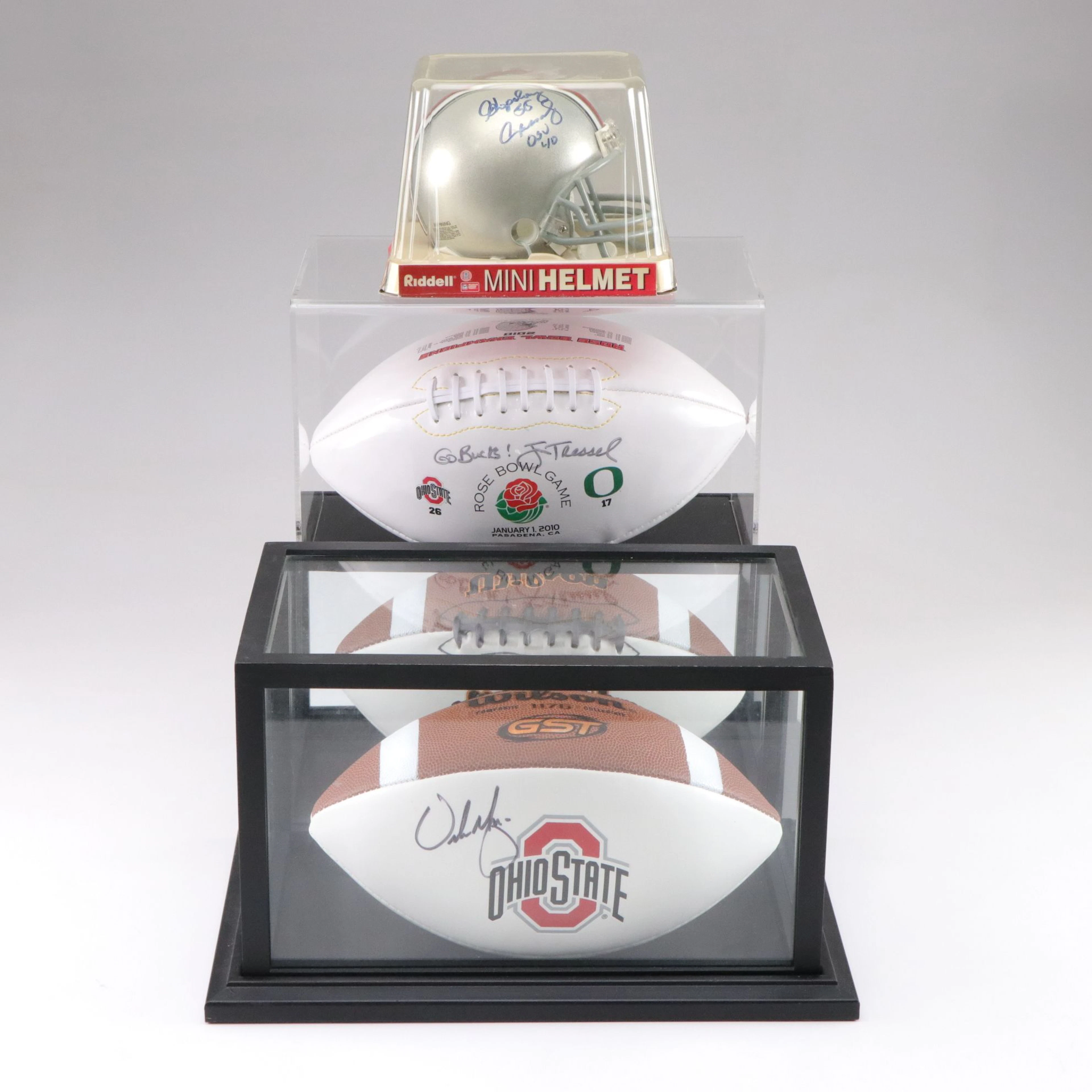 Hopalong Cassady, Jim Tressel and Urban Meyer Signed Footballs and Mini Helmet