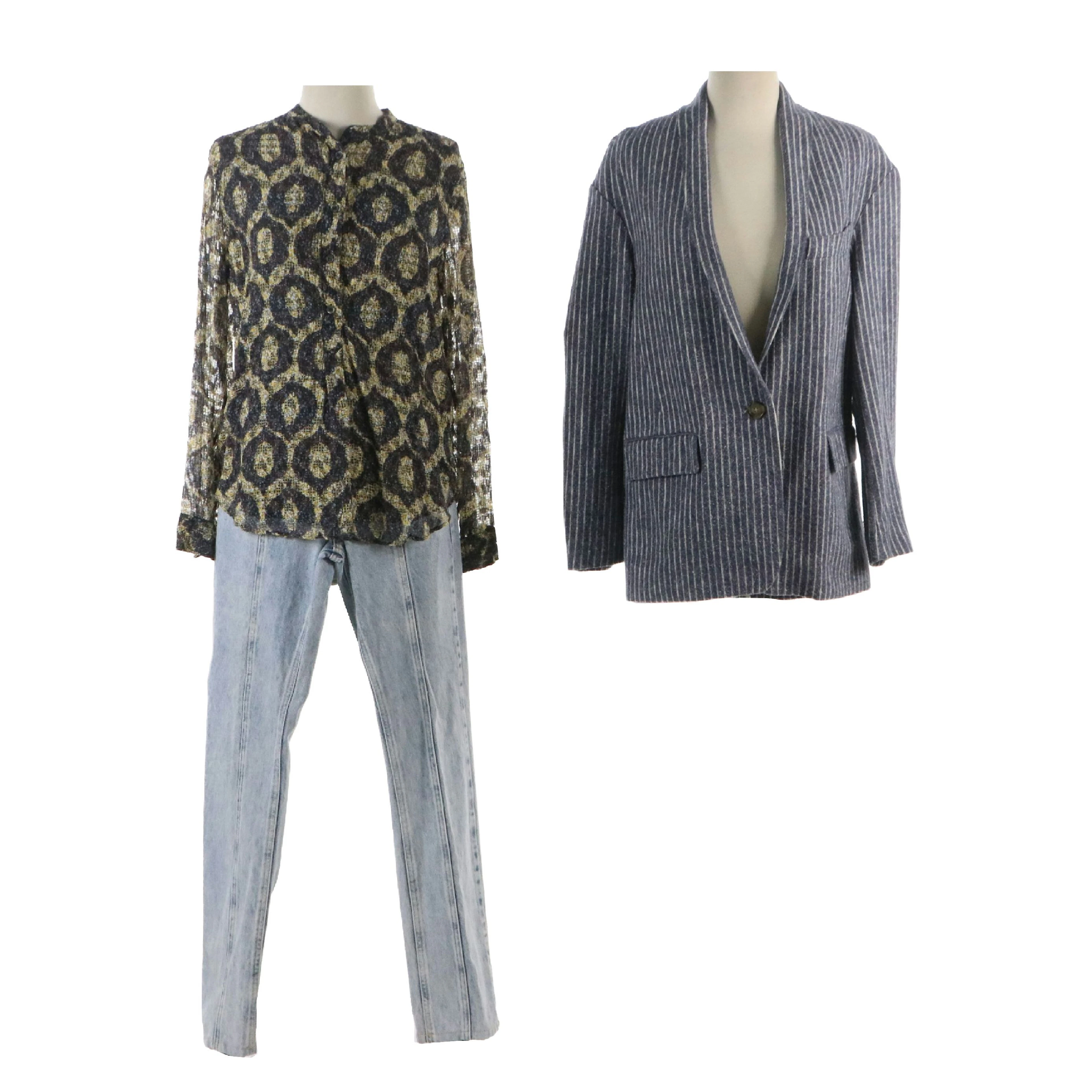 Isabel Marant Brand Perforated Blouse, High Waist Jean, and Striped Jacket