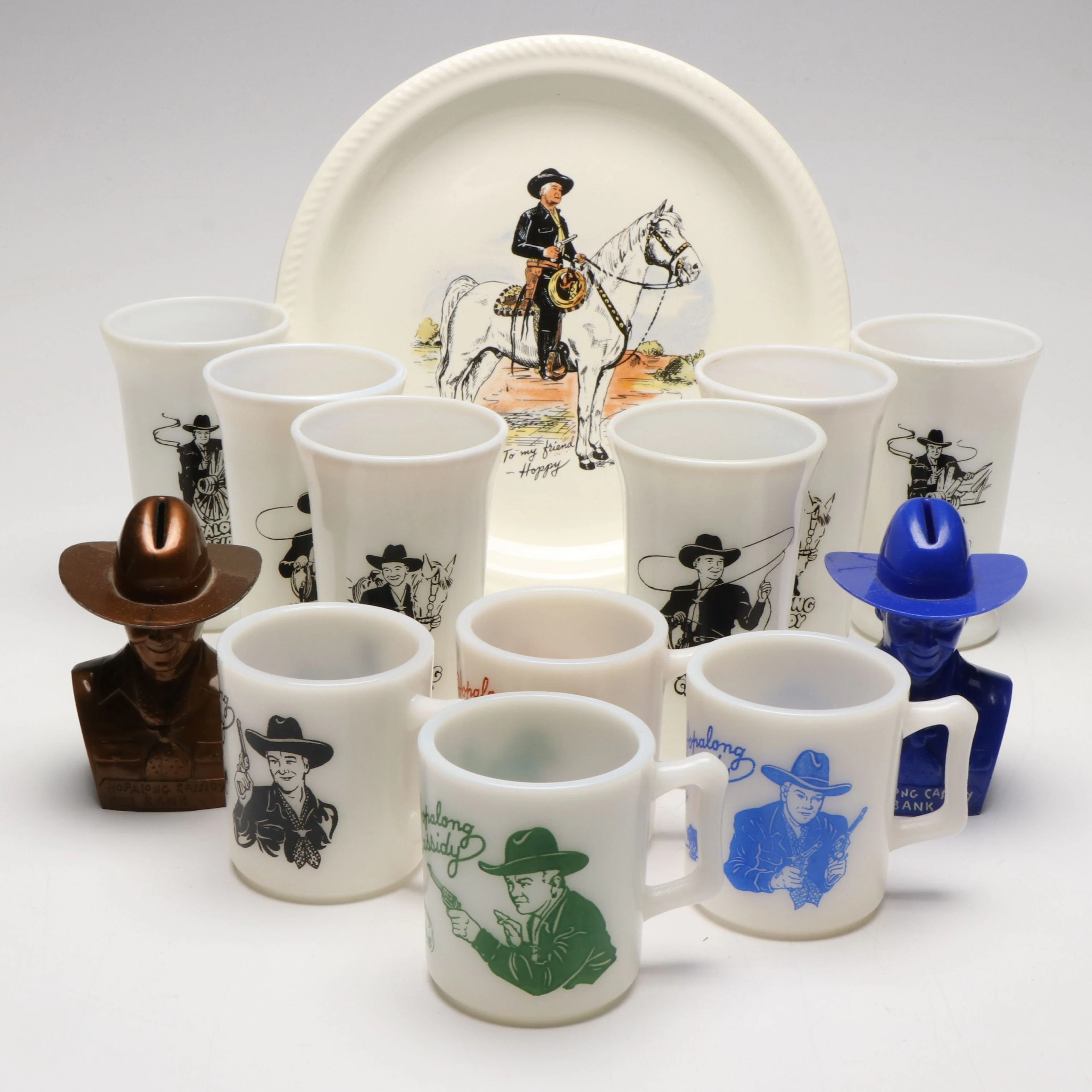 "Hopalong Cassidy" Milk Glass Drinkware, Banks and W.S. George Plate, Vintage