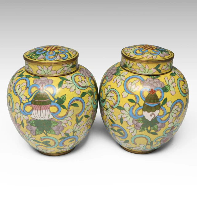 Pair of Chinese Yellow Cloisonné Ginger Jars