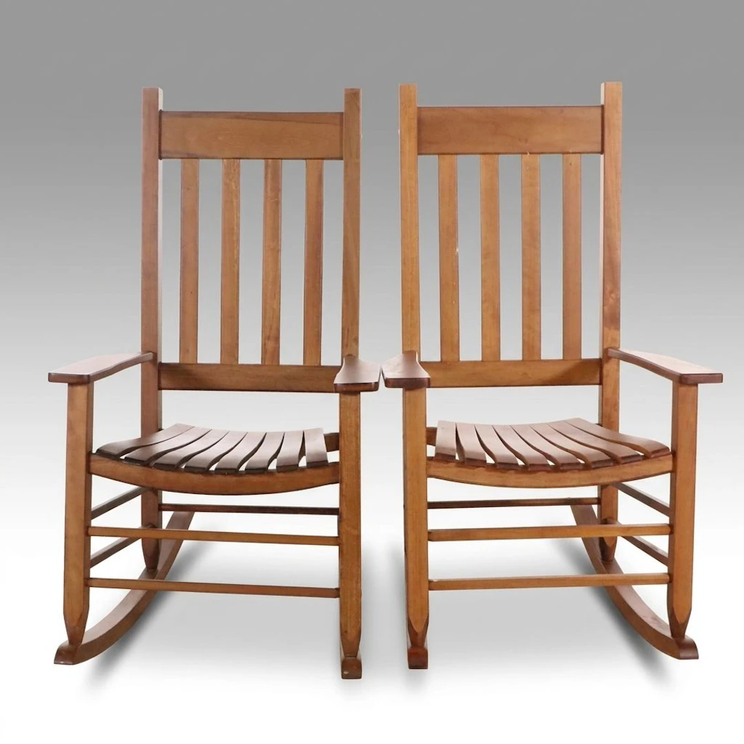 Pair of Contemporary Slatted Wood Rocking Armchairs