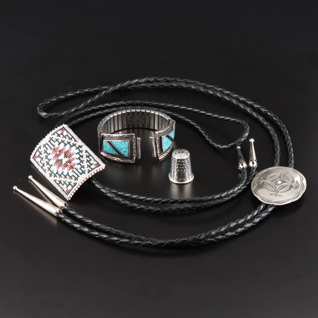 Western Sterling, 900 Silver Featured in Bolo Ties, Thimble & Watch Band