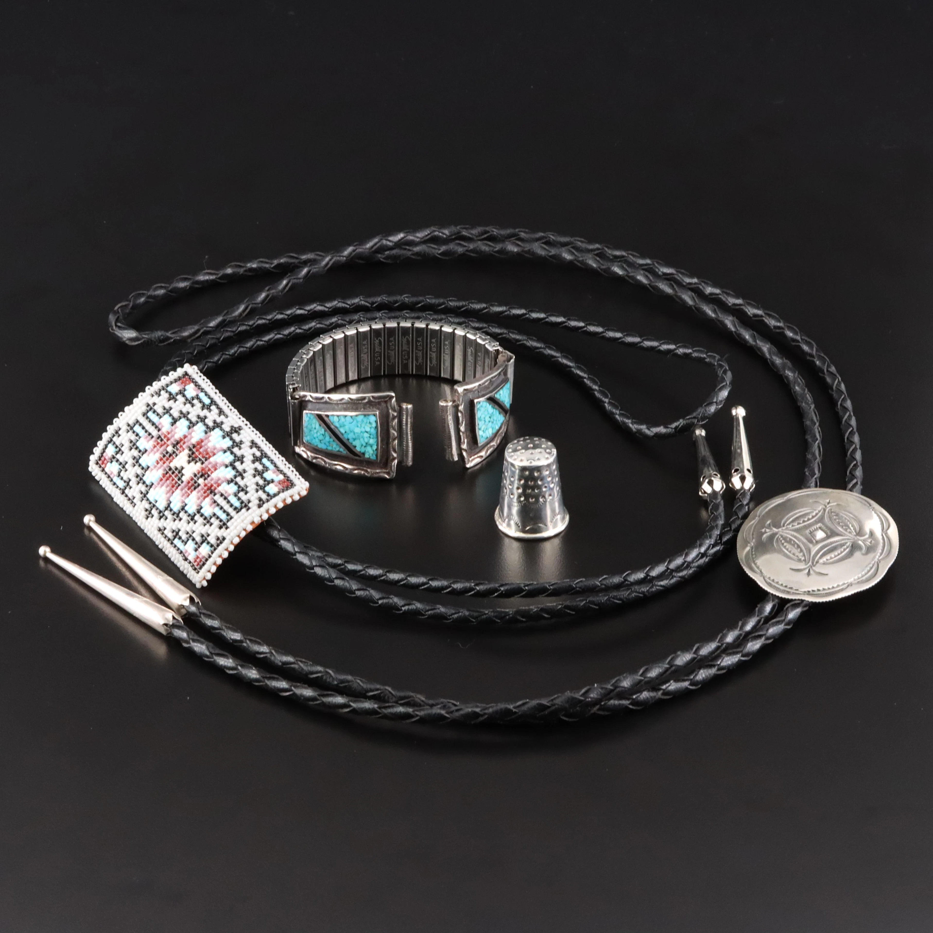 Western Sterling, 900 Silver Featured in Bolo Ties, Thimble & Watch Band