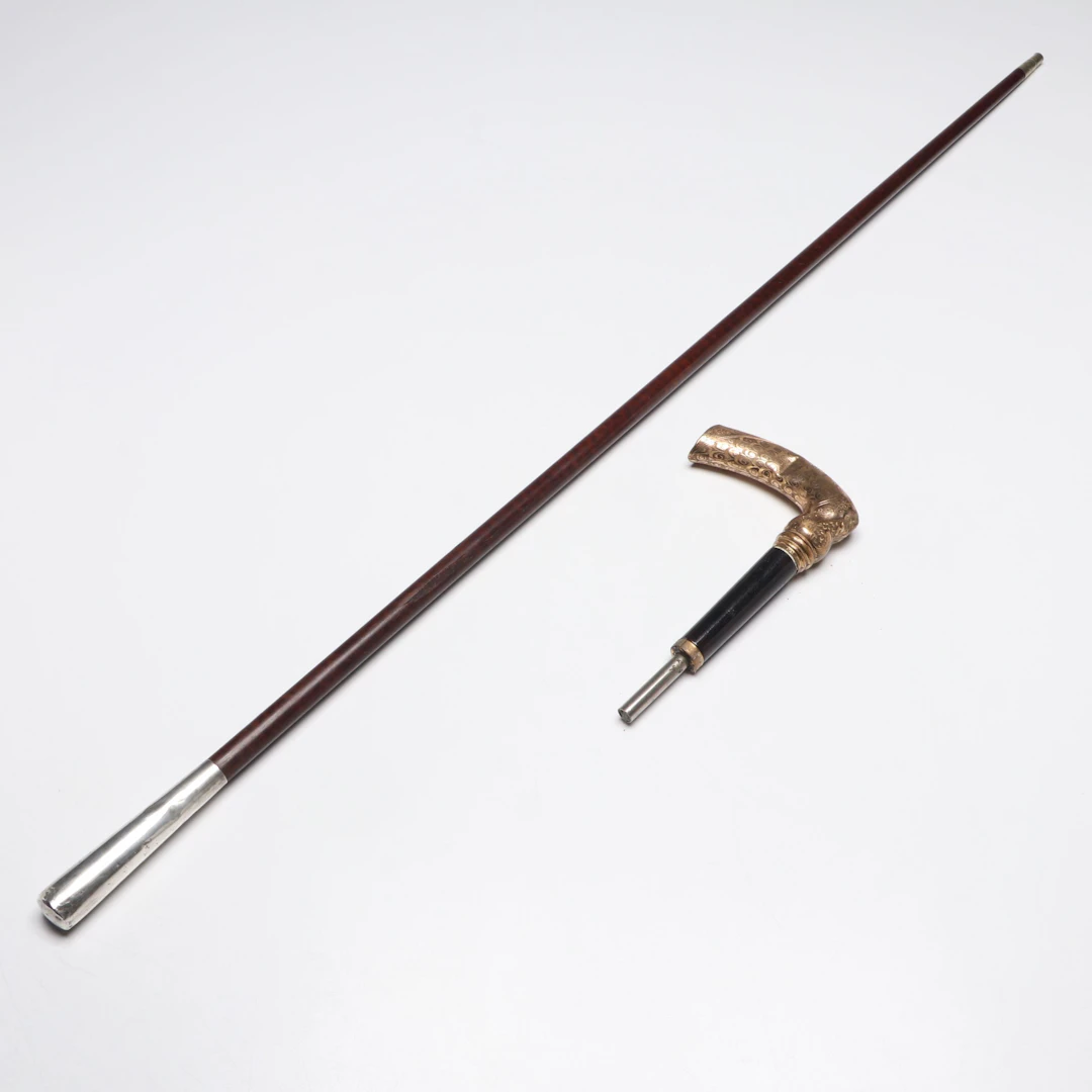 Sterling Silver Cap Walking Cane and Ornate Gold Plated Handle