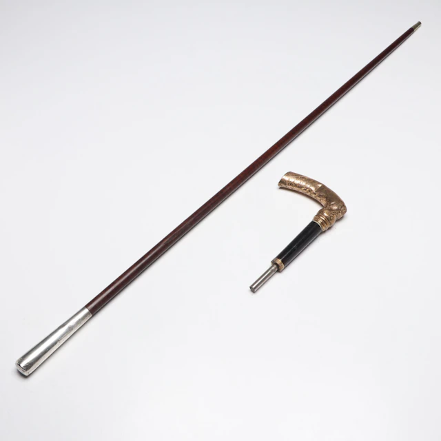 Sterling Silver Cap Walking Cane and Ornate Gold Plated Handle