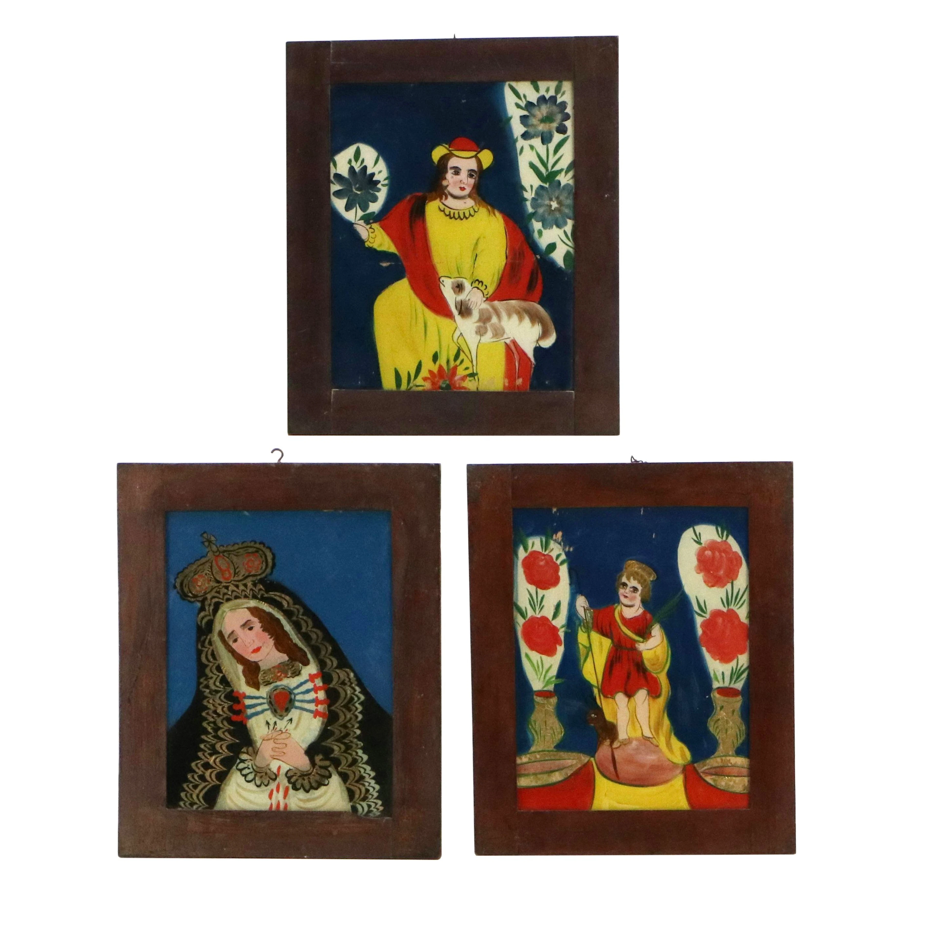 Mexican School Reverse Glass Religious Icons Including Mater Dolorosa