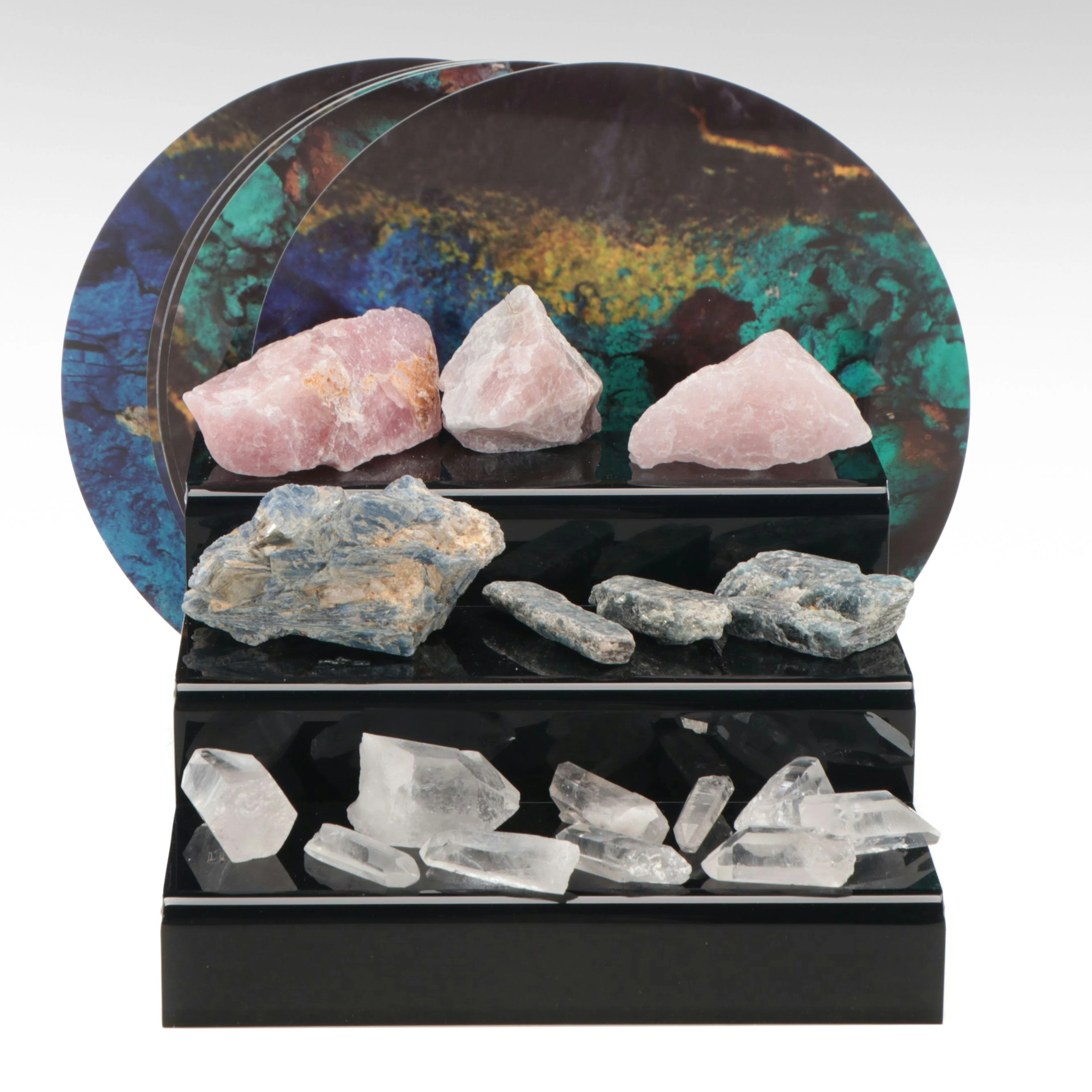 Rose Quartz, Kyanite, and Other Mineral Specimens with Resin Artwork