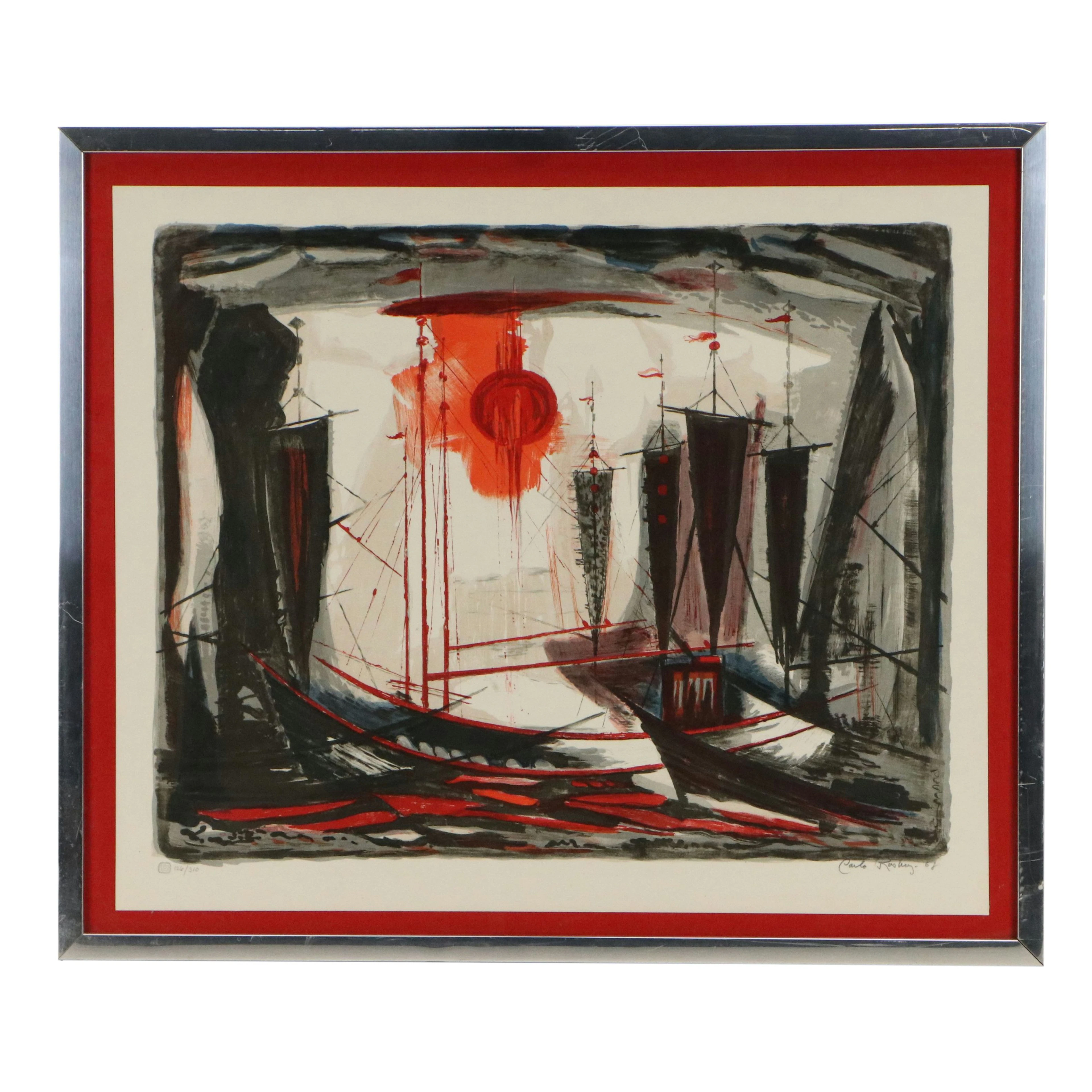 Carlo Rosberg Color Lithograph "Segelfartyg i Solnedgång," 1968