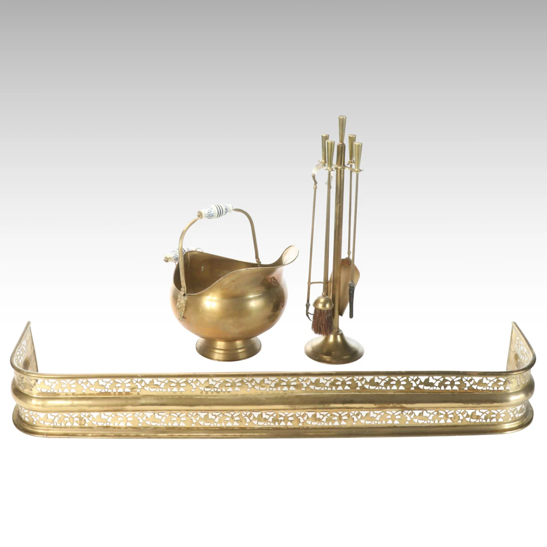 Brass Coal Scuttle, Reticulated Brass Fender, and Fireplace Tool Set