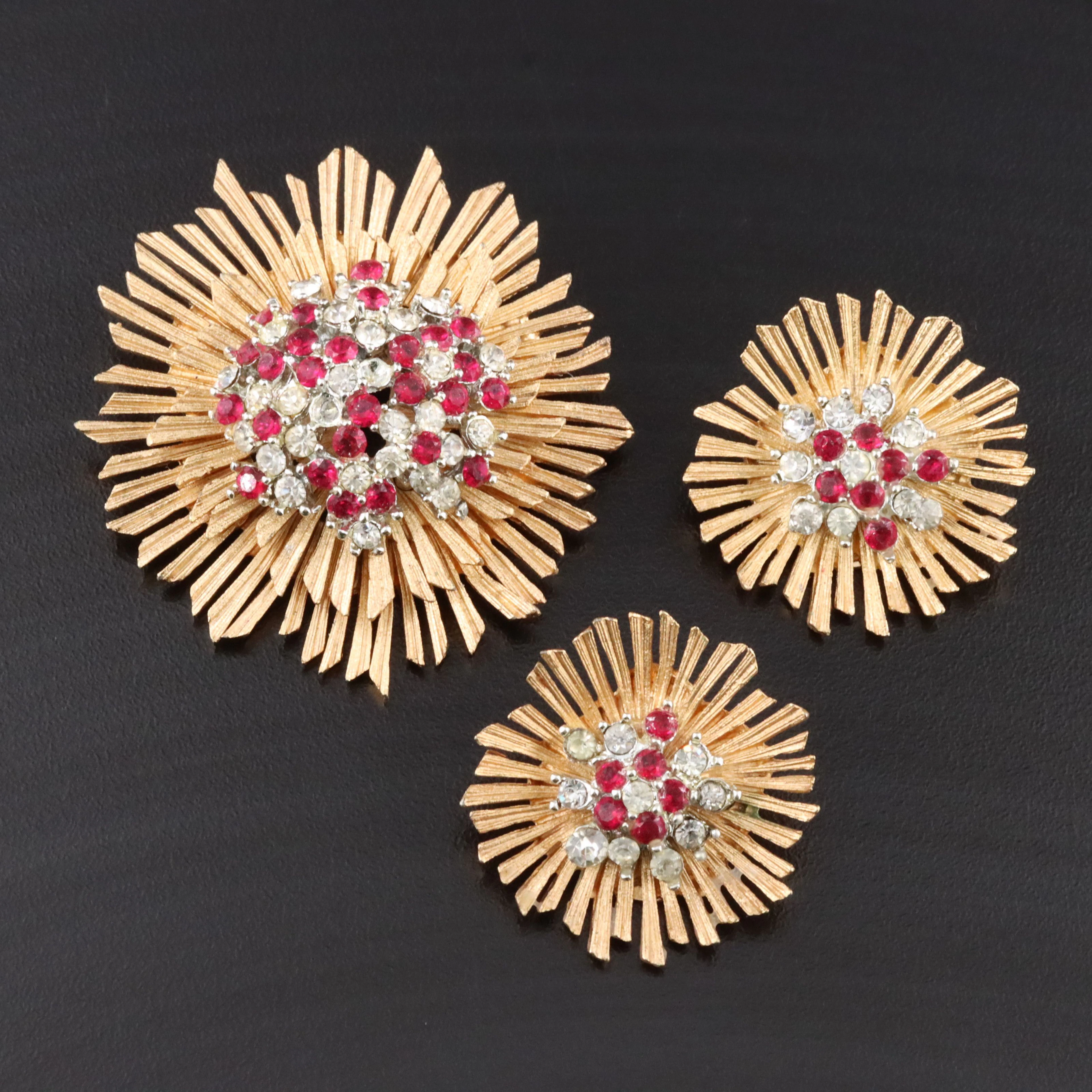 Marboux Ruby Glass and Rhinestone Earring and Brooch Set