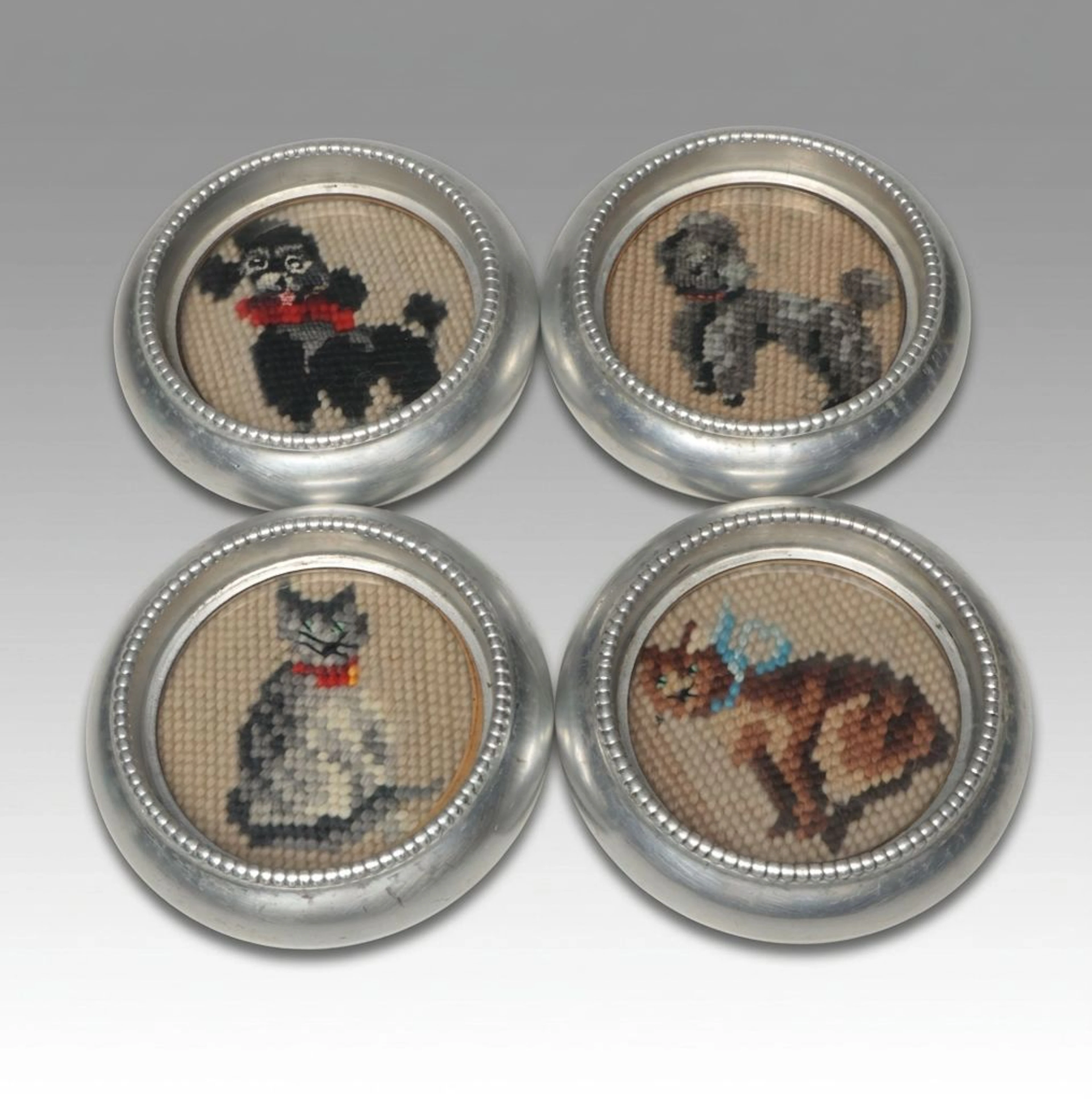 Set of Four Vintage Needlepoint Dog & Cat Coasters