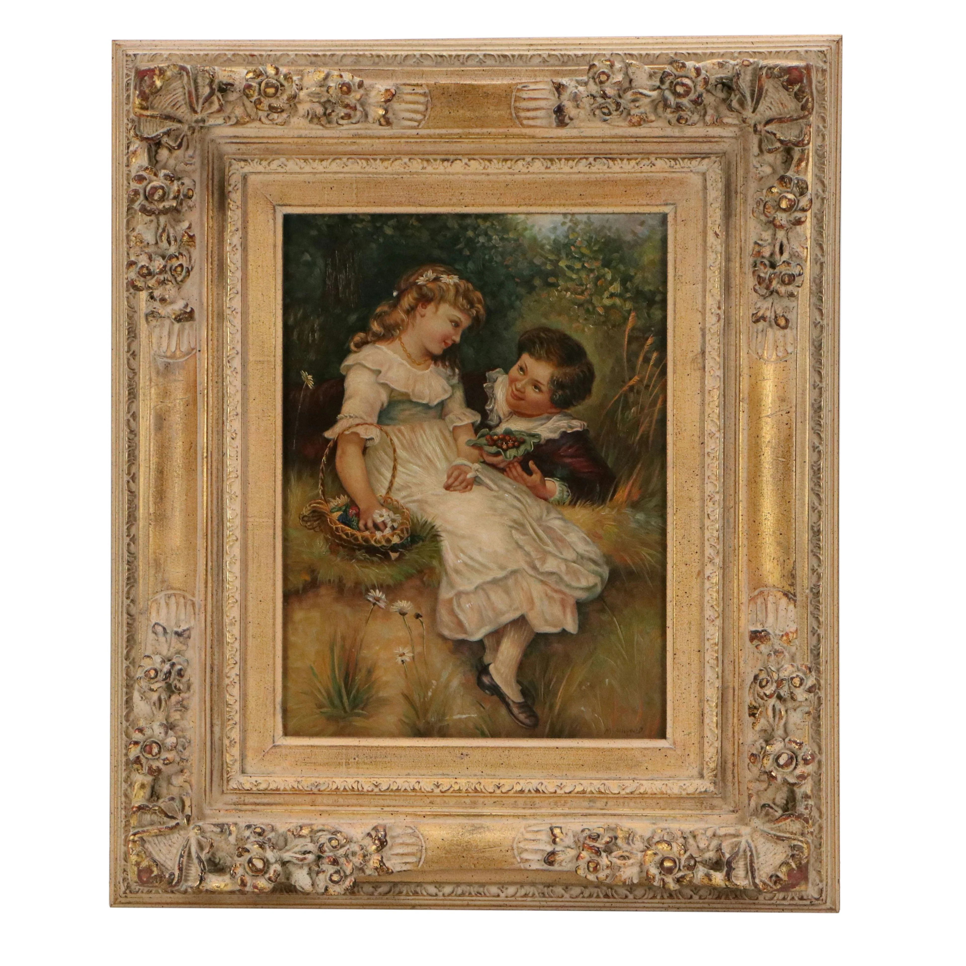 M. Allwood Victorian Style Oil Painting of Courtship Scene