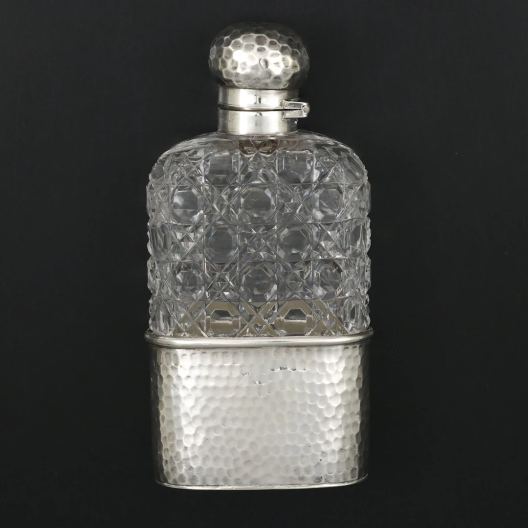 English Sterling Silver and Cut Crystal Flask, 1890s