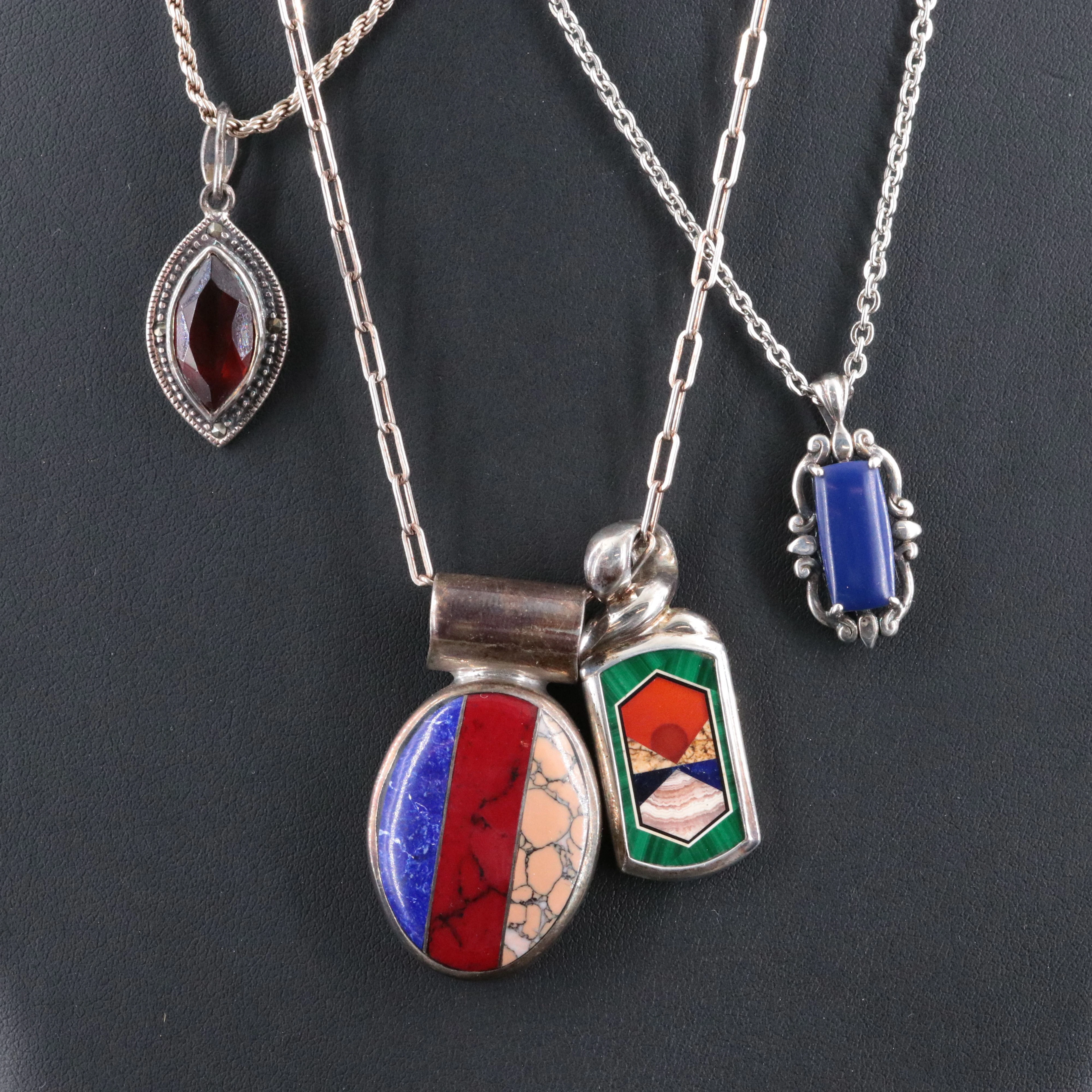 Sterling Pendant Necklaces Featuring Inlay Malachite and Lapis Lazuli