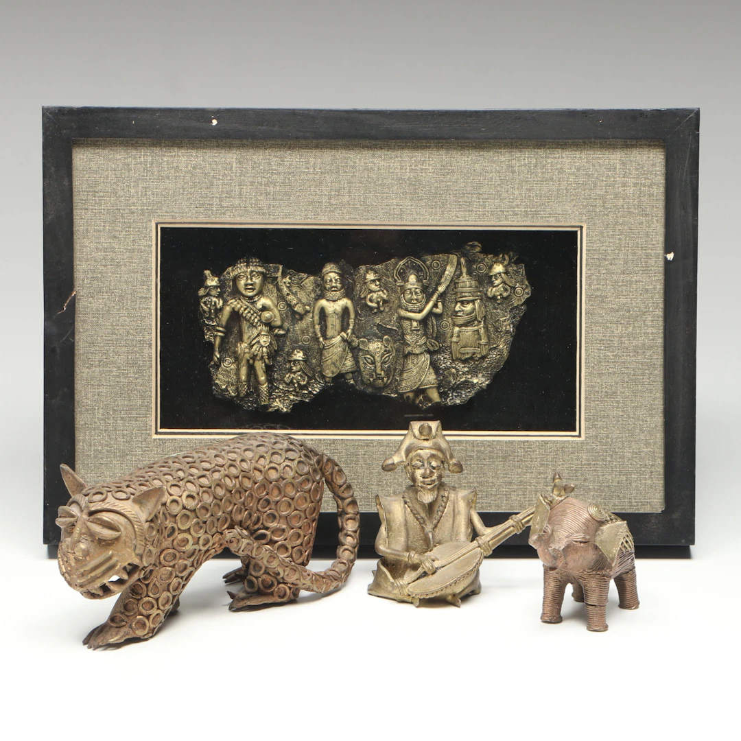 Indian Dhokra Brass Musical Figure, Cat and Elephant with Wall Hanging