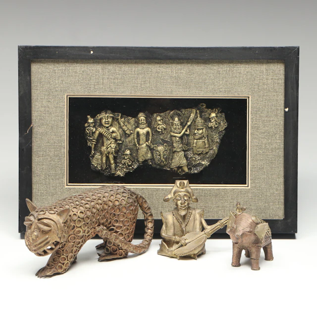Indian Dhokra Brass Musical Figure, Cat and Elephant with Wall Hanging
