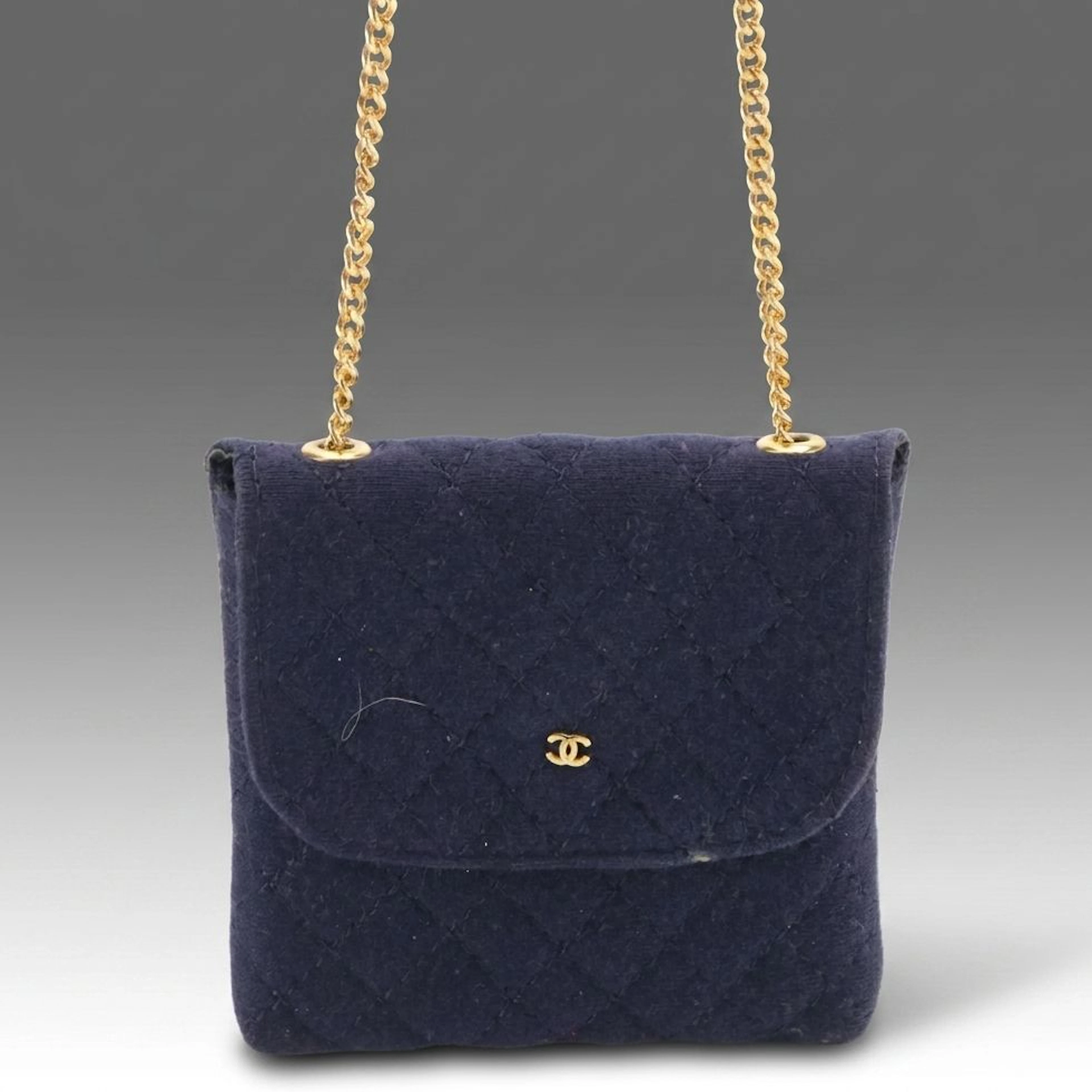 Chanel Navy Blue Quilted Jersey Knit Pouch Necklace with Box