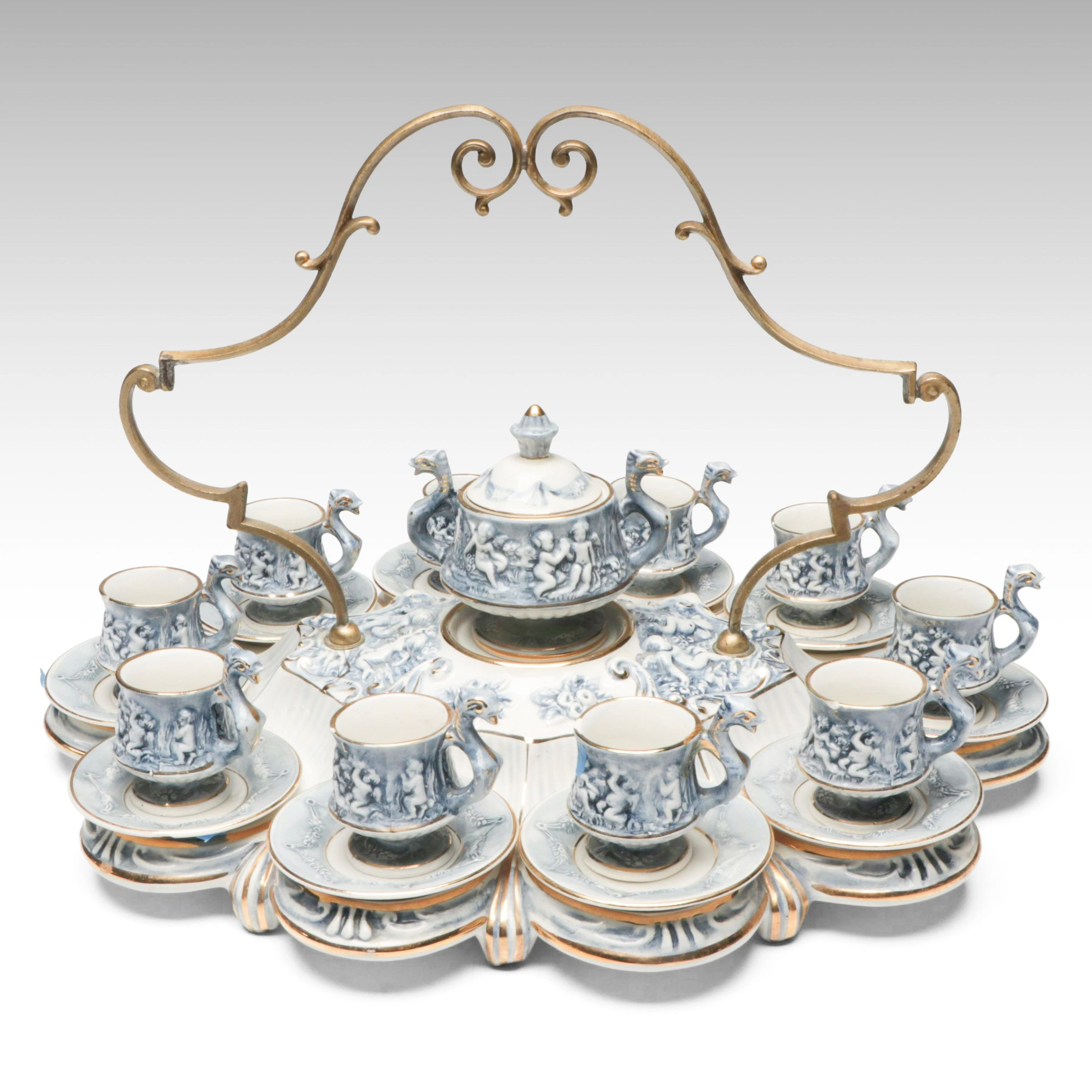Italian R. Capodimonte Cherub Relief Porcelain Demitasse Espresso Set