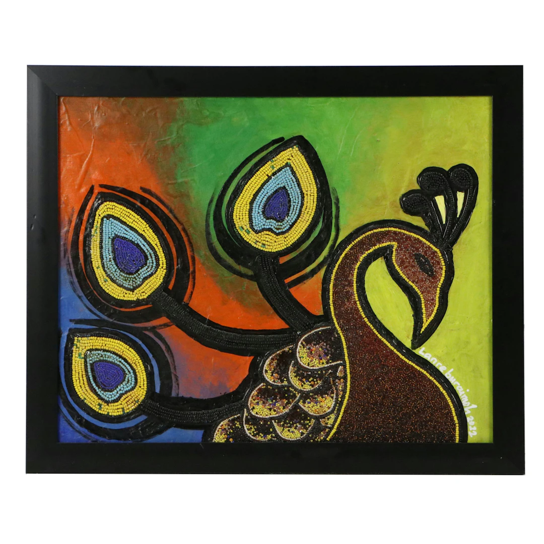 Lanre Buraimoh Mixed Media Painting of Peacock, 2022
