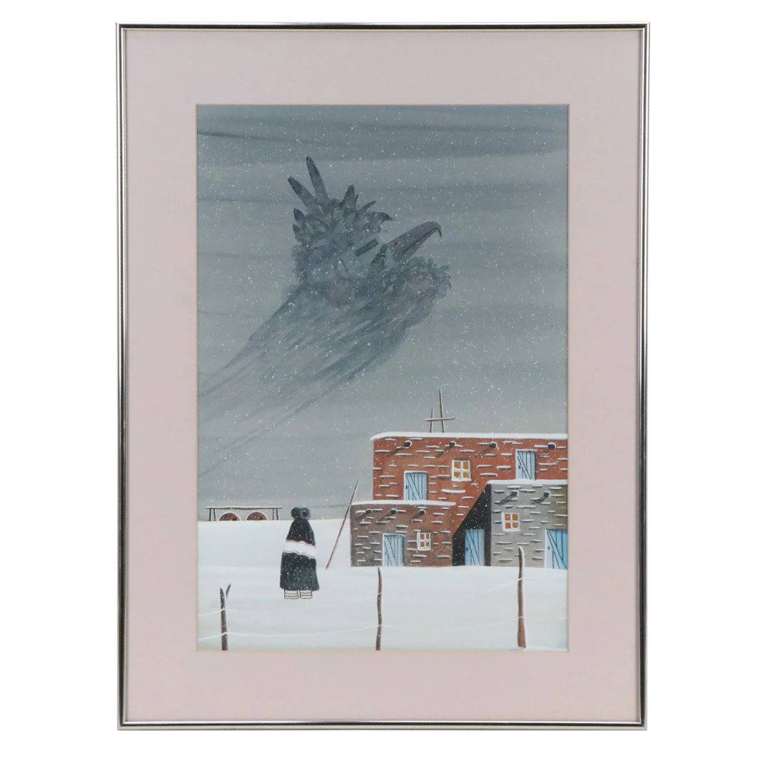 Benson Halwood Navajo Watercolor Illustration of Snowy Scene, 1989