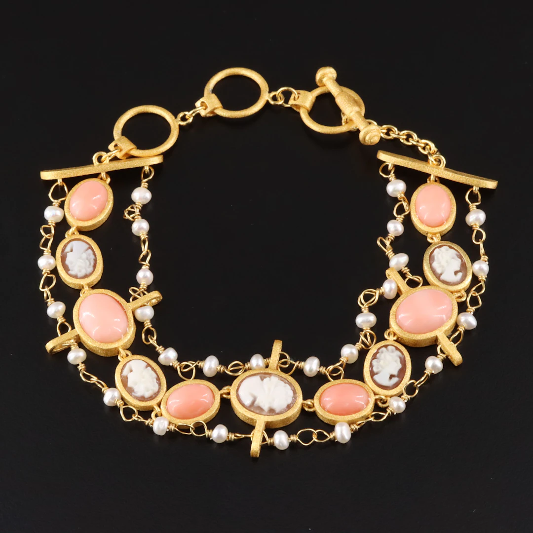 Cameo Italiano Sterling Pearl and Faux Coral Bracelet