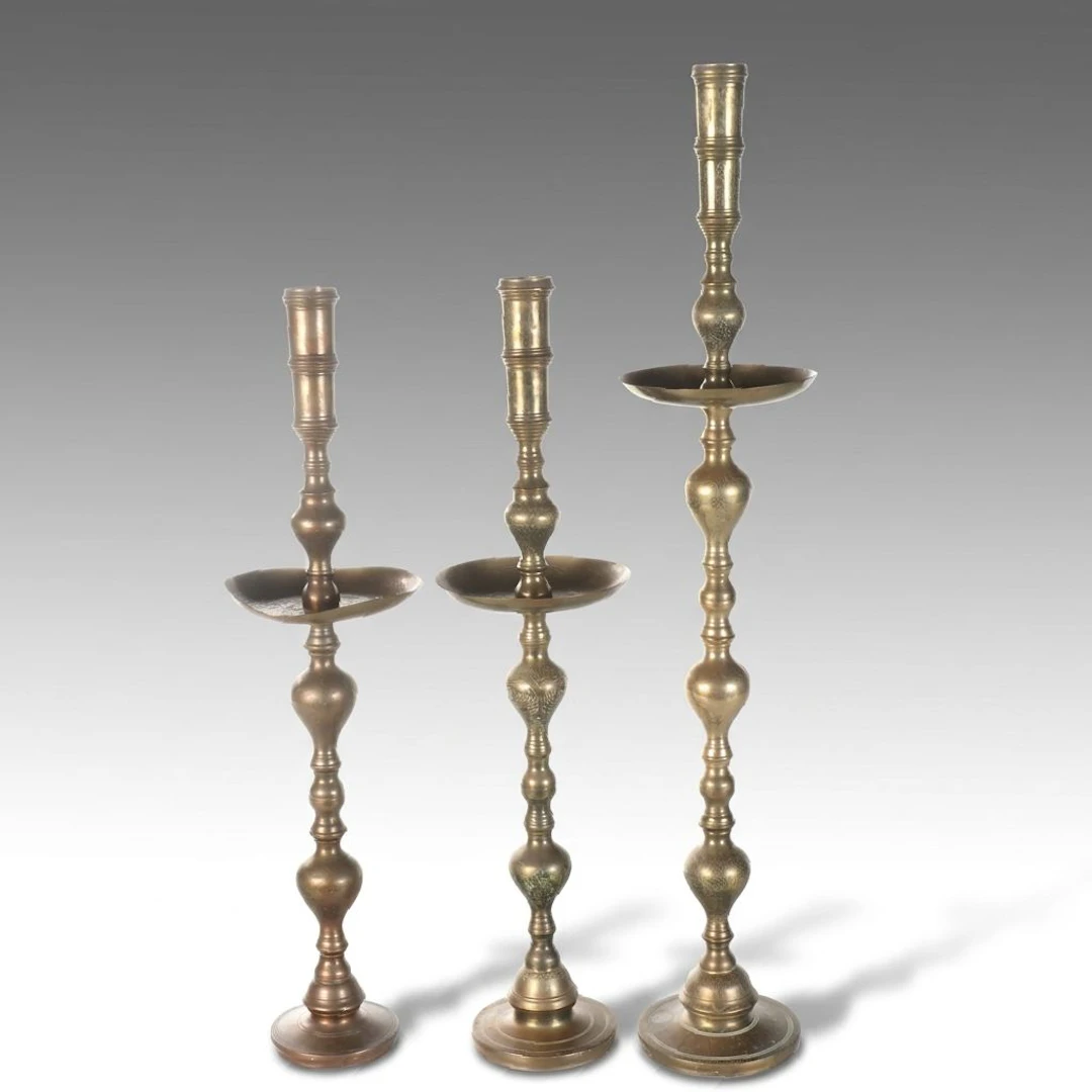Etched Spun Brass Floor Candlesticks with Wide Drip Trays