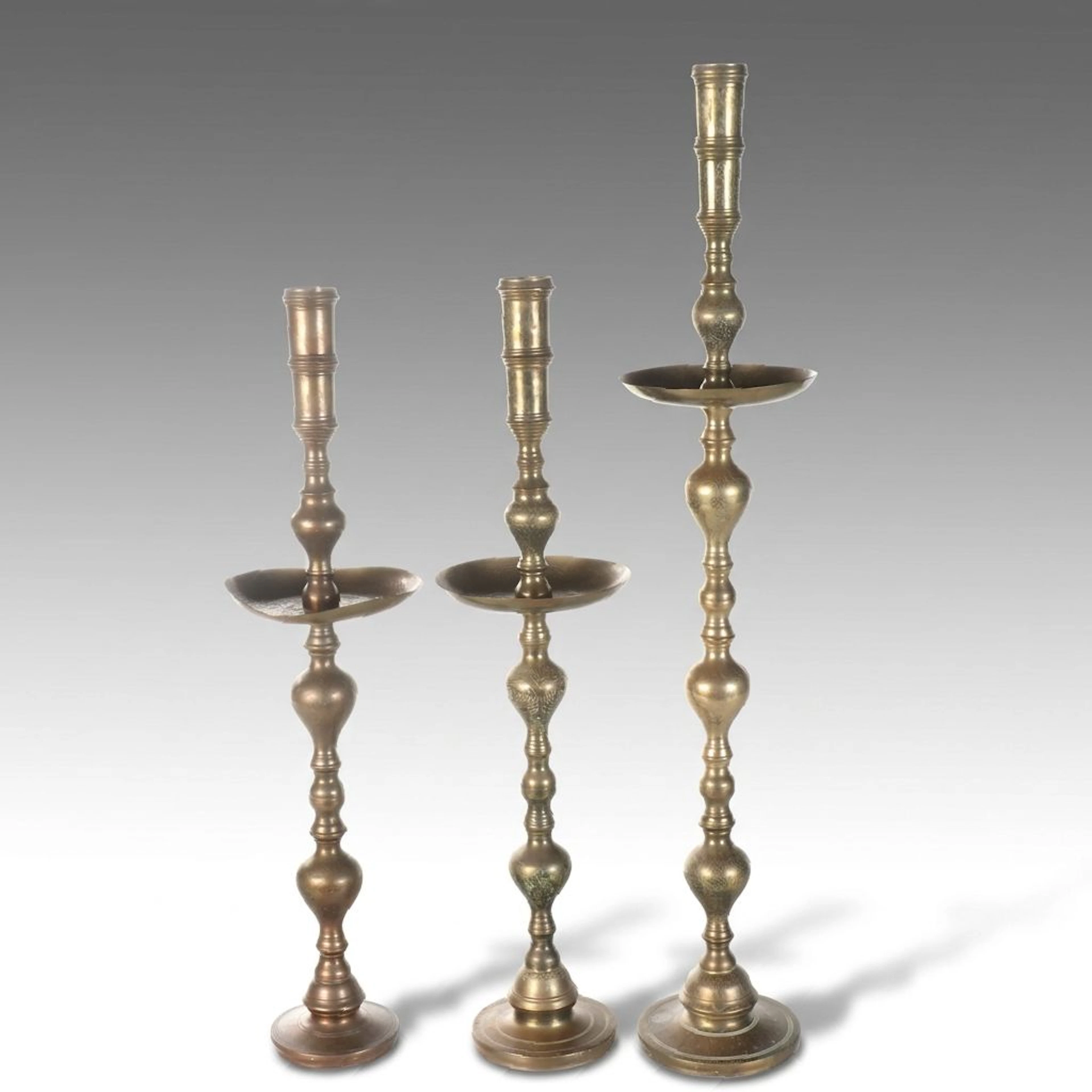Etched Spun Brass Floor Candlesticks with Wide Drip Trays