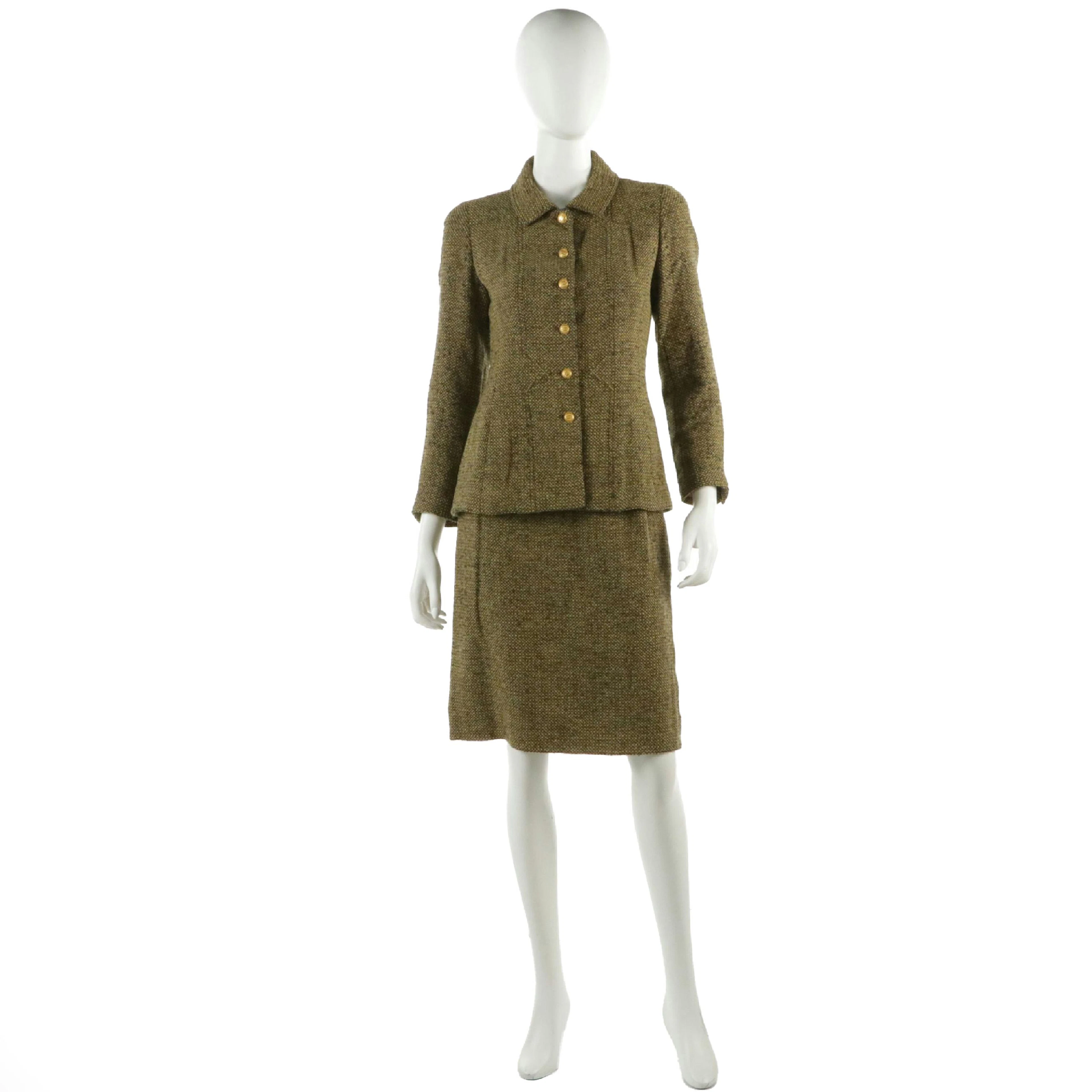 Chanel Boutique Vintage Skirt Suit in Yellow/Brown Micro Checkered Wool Tweed