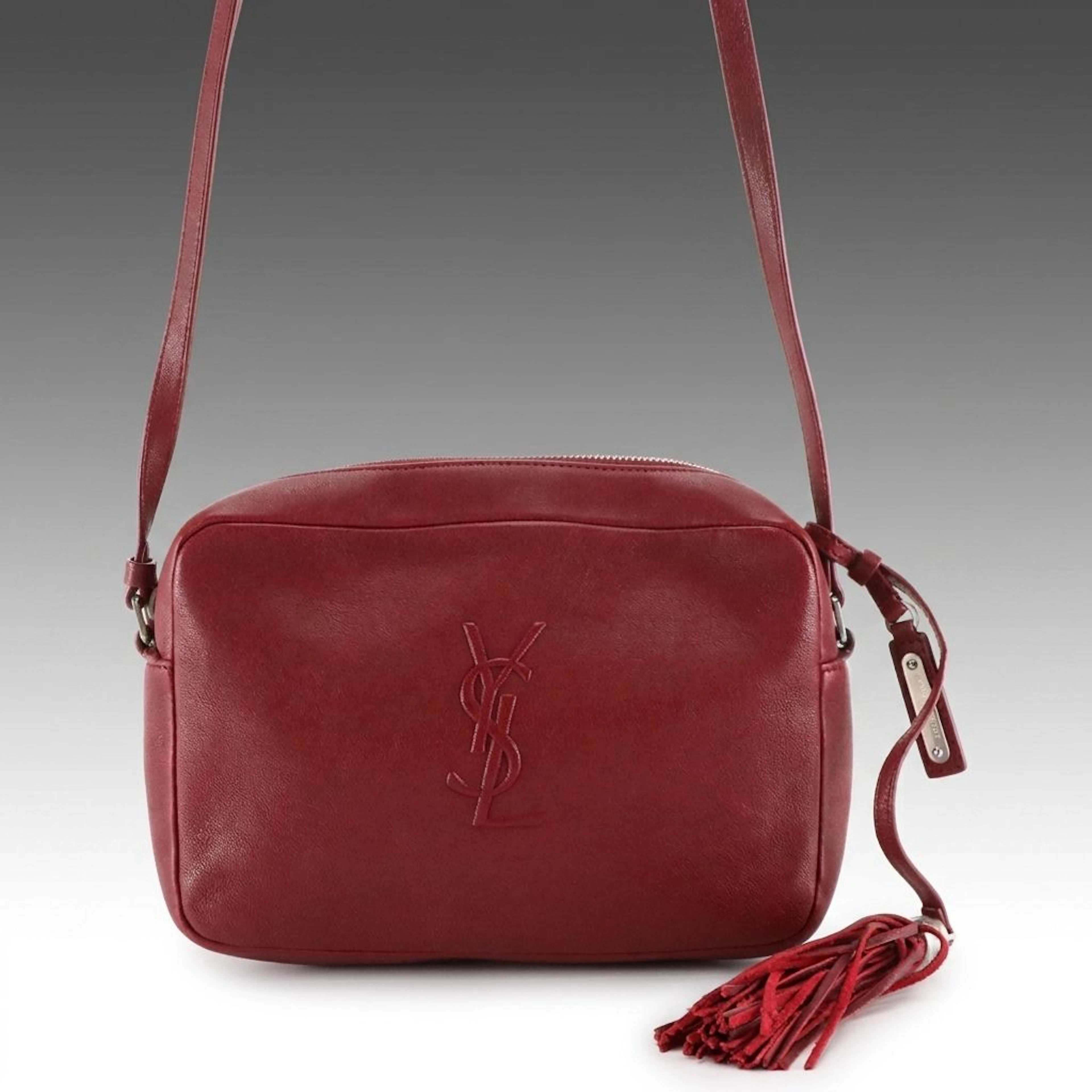 Saint Laurent Lou Monogram Camera Crossbody Bag in Deep Red Grained Leather