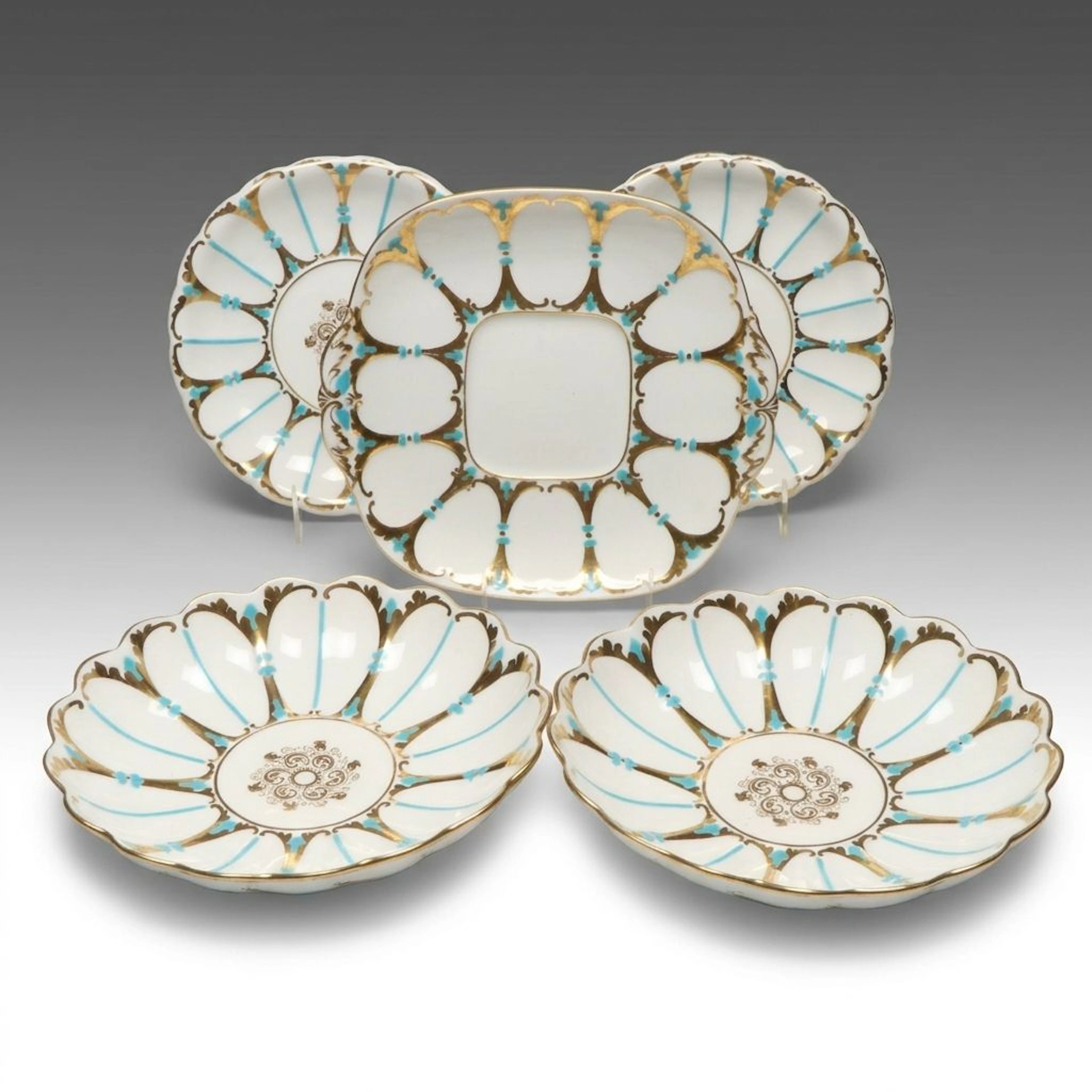 English Floral Gold Gilt and Turquoise Porcelain Platter, Plates and Bowls