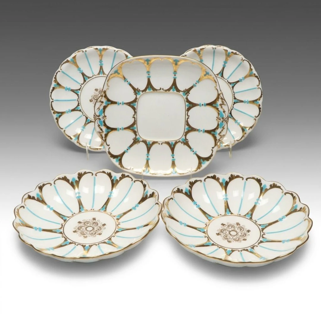 English Floral Gold Gilt and Turquoise Porcelain Platter, Plates and Bowls