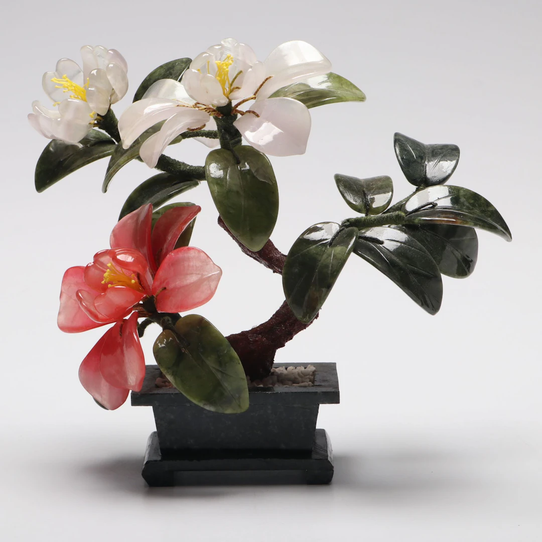 Chinese Carved Serpentine, Agate and Other Stone Flower Bonsai