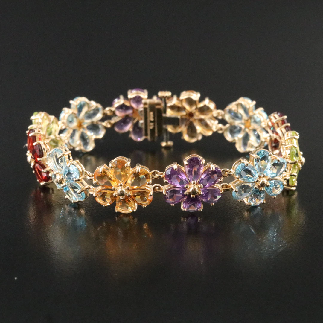 10K Amethyst, Garnet, Citrine, Peridot, and Topaz Flower Bracelet