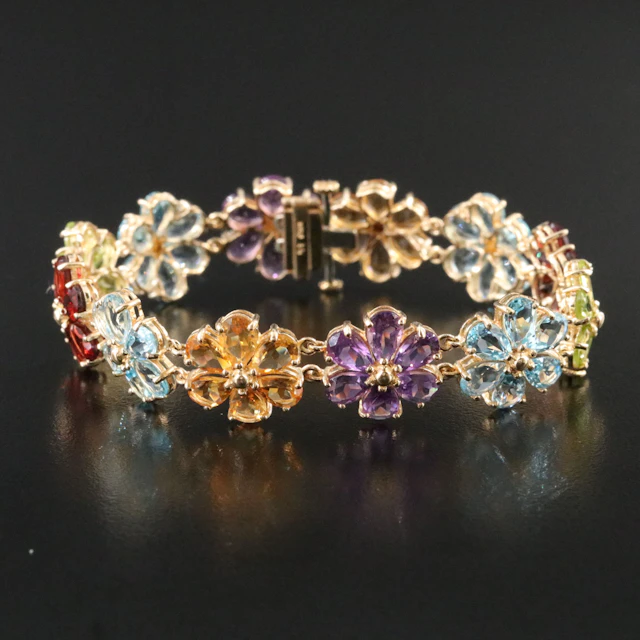 10K Amethyst, Garnet, Citrine, Peridot, and Topaz Flower Bracelet