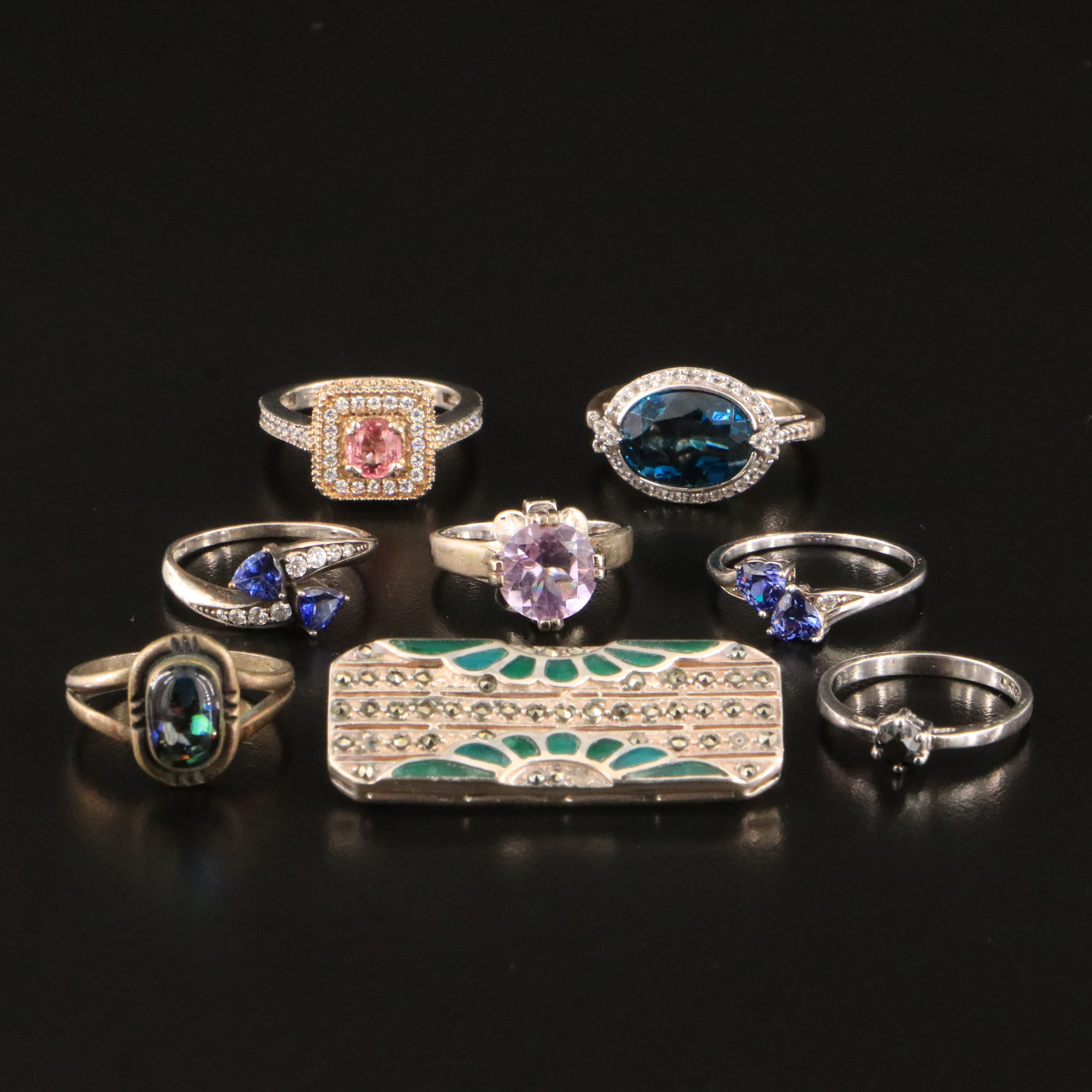 Sterling Amethyst, Topaz and Marcasite Rings and Brooch