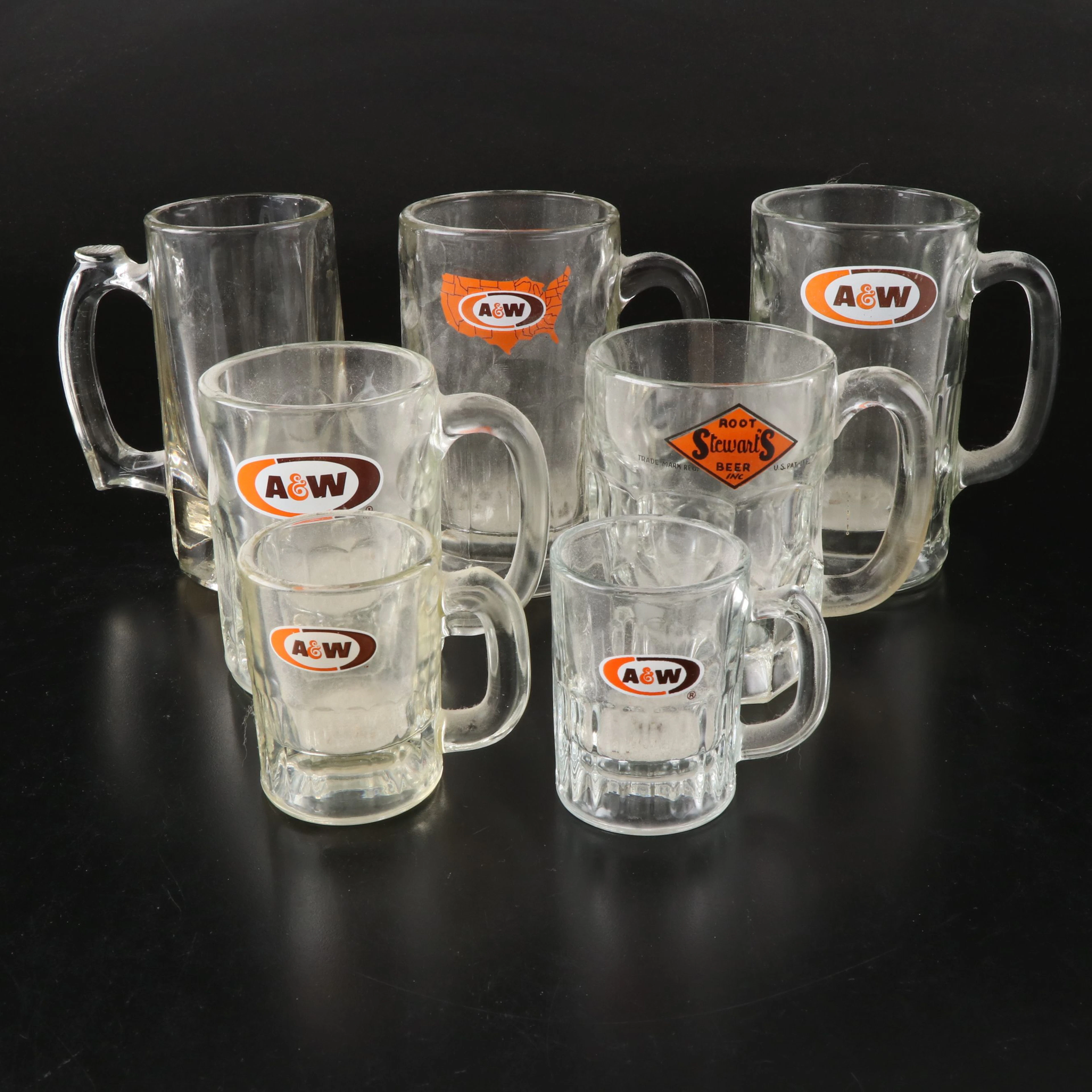 A&W Root Beer with Glass Tankards, Mid to Late 20th Century