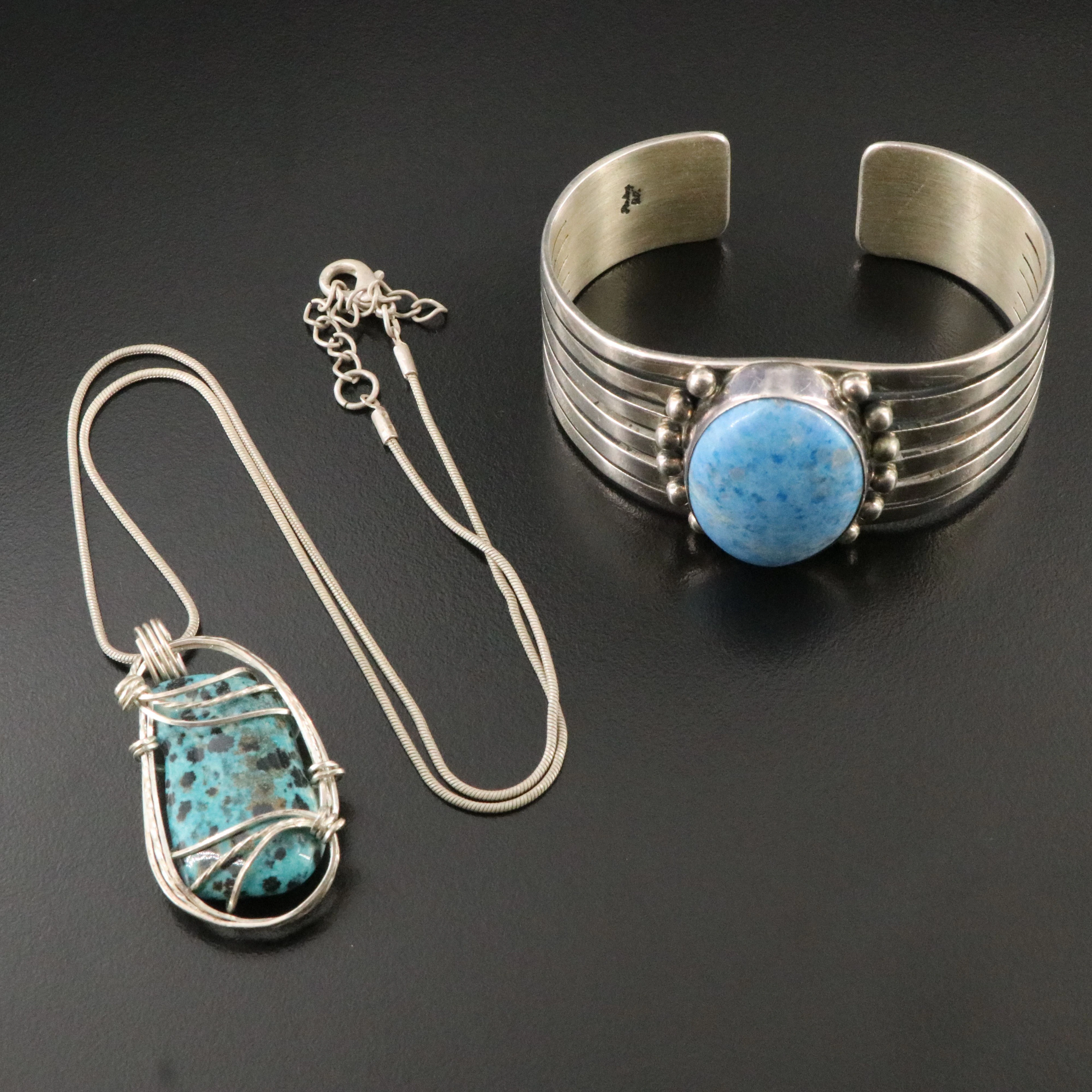 Sterling Denim Lapis Lazuli Signed Cuff and Jasper Pendant with Chain Necklace