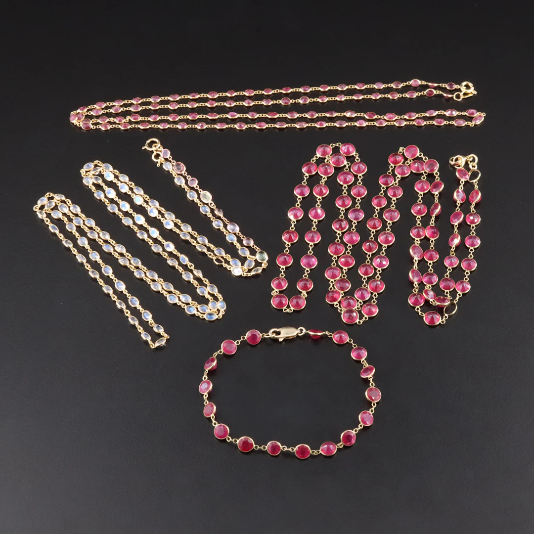 18K Necklaces and Bracelet Including Filled Corundum, Ruby and Moonstone