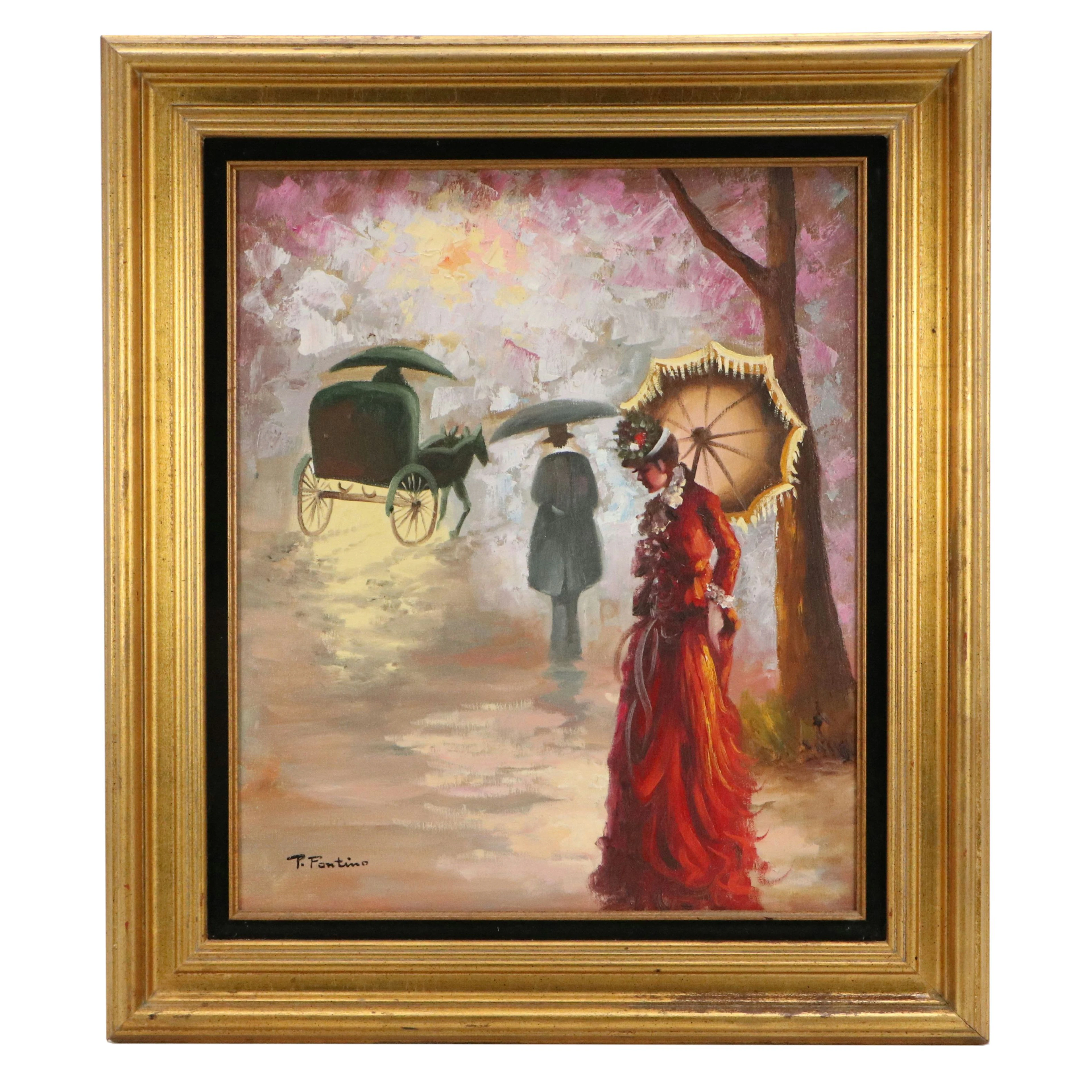 Pedro Pantino Oil Painting of Victorian Woman with Umbrella, Mid to